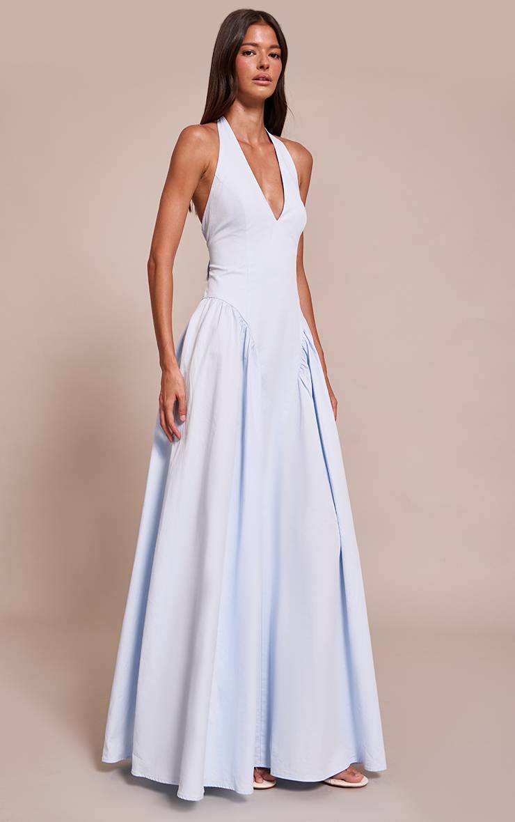 Bleu Clair Robe Midaxi Plongeante Dos Nu En Tissu Tissé
