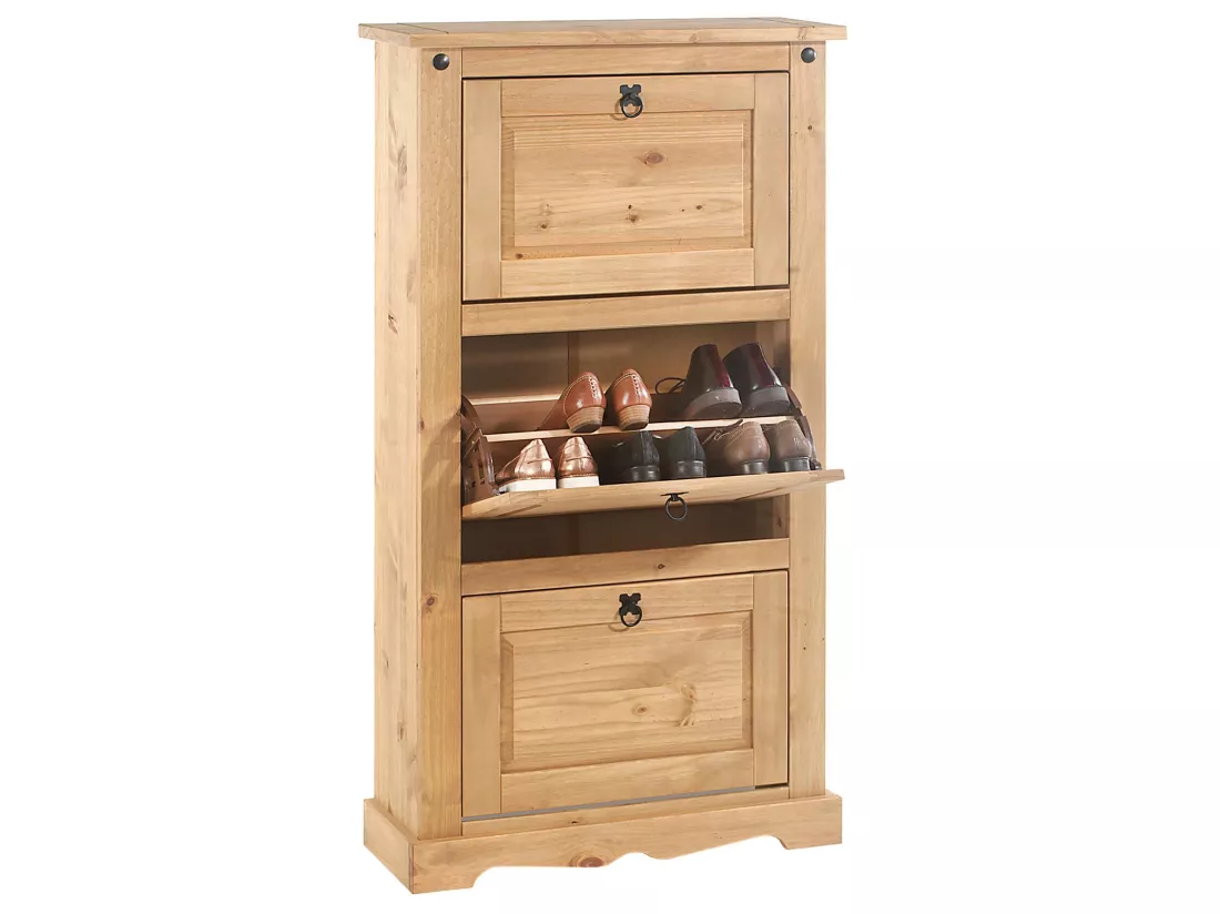 Meuble à chaussures TEQUILA style mexicain armoire à chaussures avec 3 abattants, en pin massif finition teintée et cirée