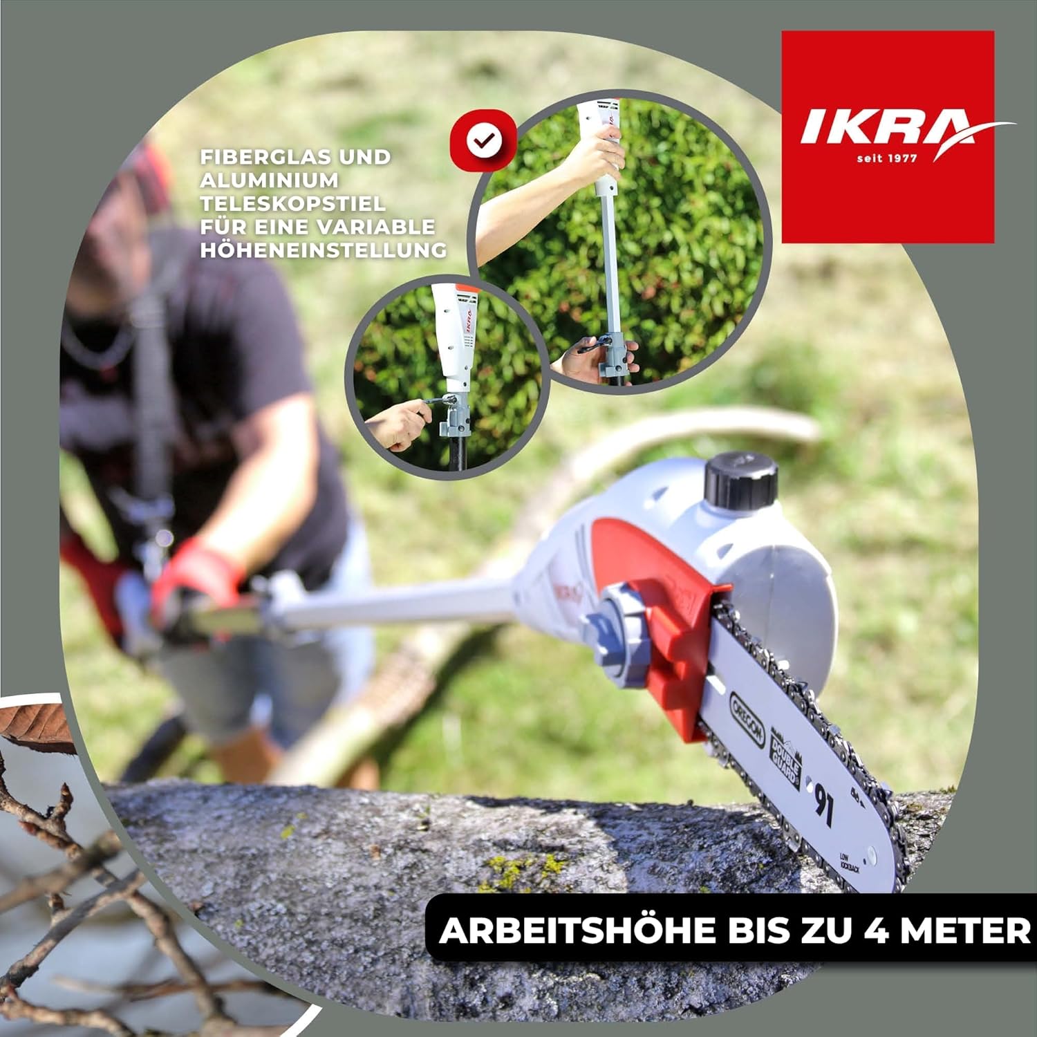 IKRA Elektro Teleskop Entaster IEAS 750, Arbeitshöhe 4m, 750 W, inkl. 2x Sägeketten & Schultergurt