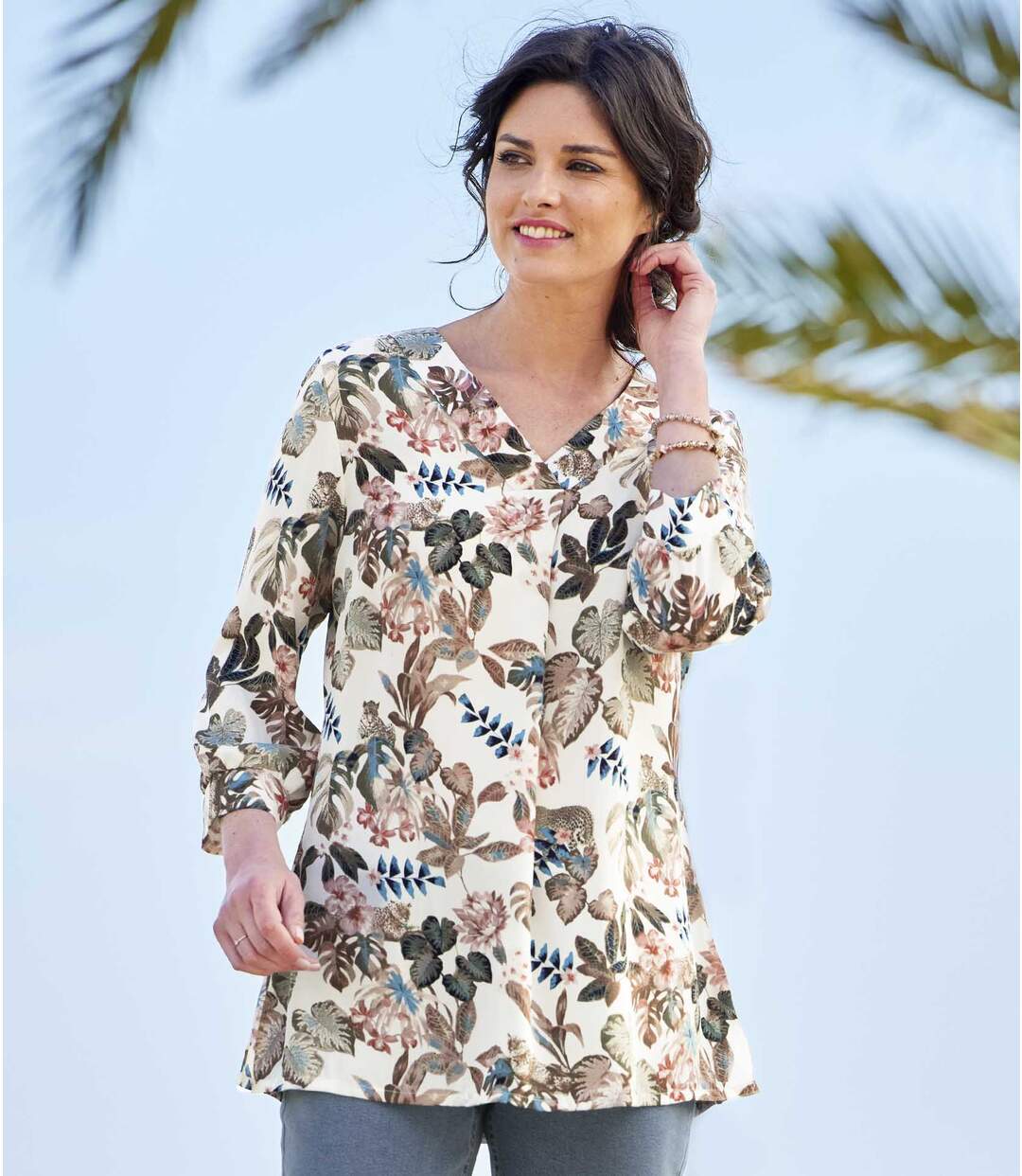 Blouse en Crêpe Imprimé Fleuri et Léopard