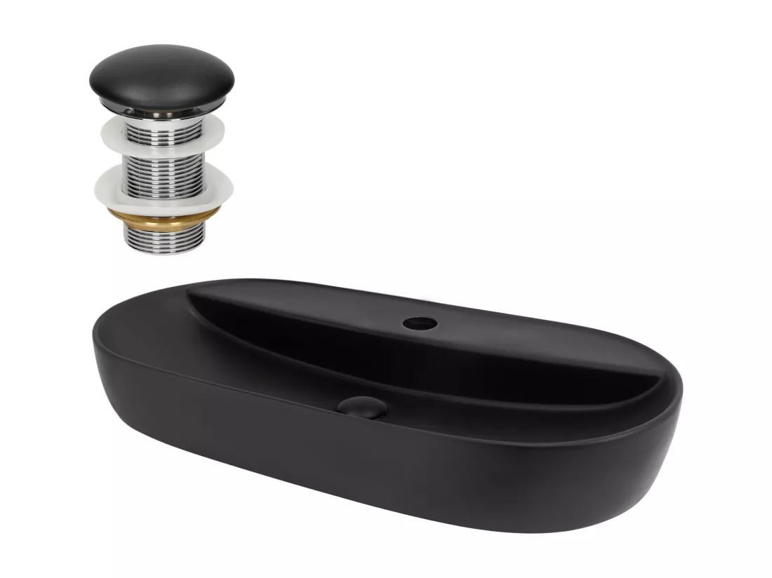 Vasque à poser céramique noir lavabo avec garniture de vidage noir 800x400 mm