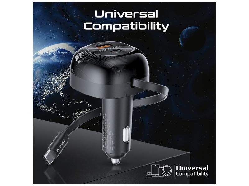 Promate Autoladegerät PowerDrive-RC65 Auto-Ladegerät mit ausziehbarem USB-C-Kabel