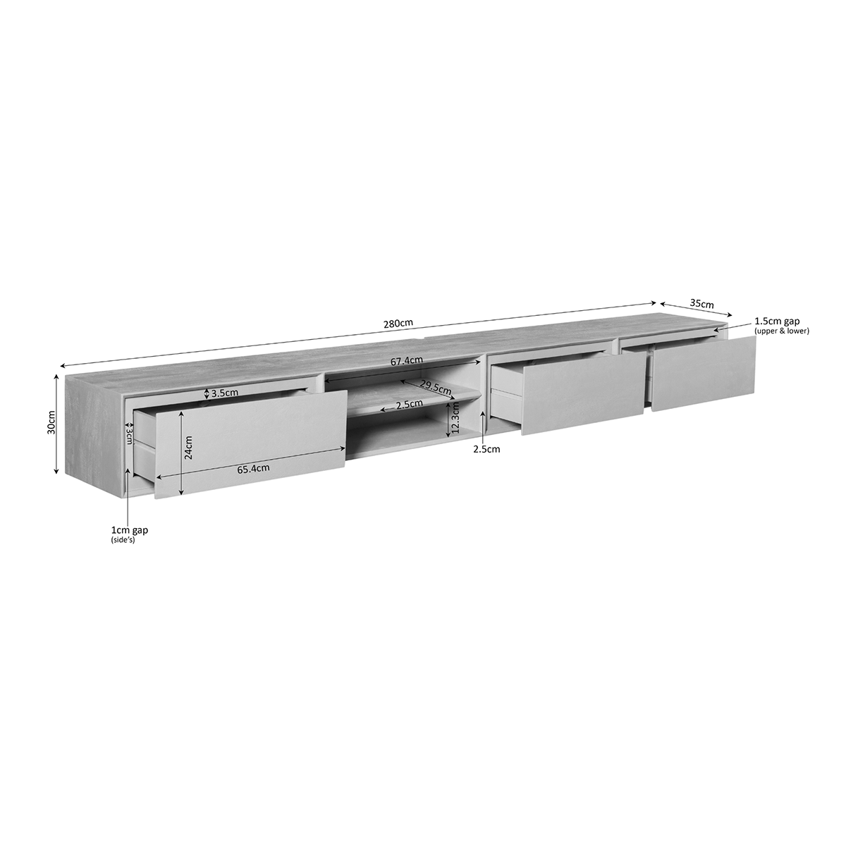 Zwevend Tv-meubel Ambi naturel 280 cm