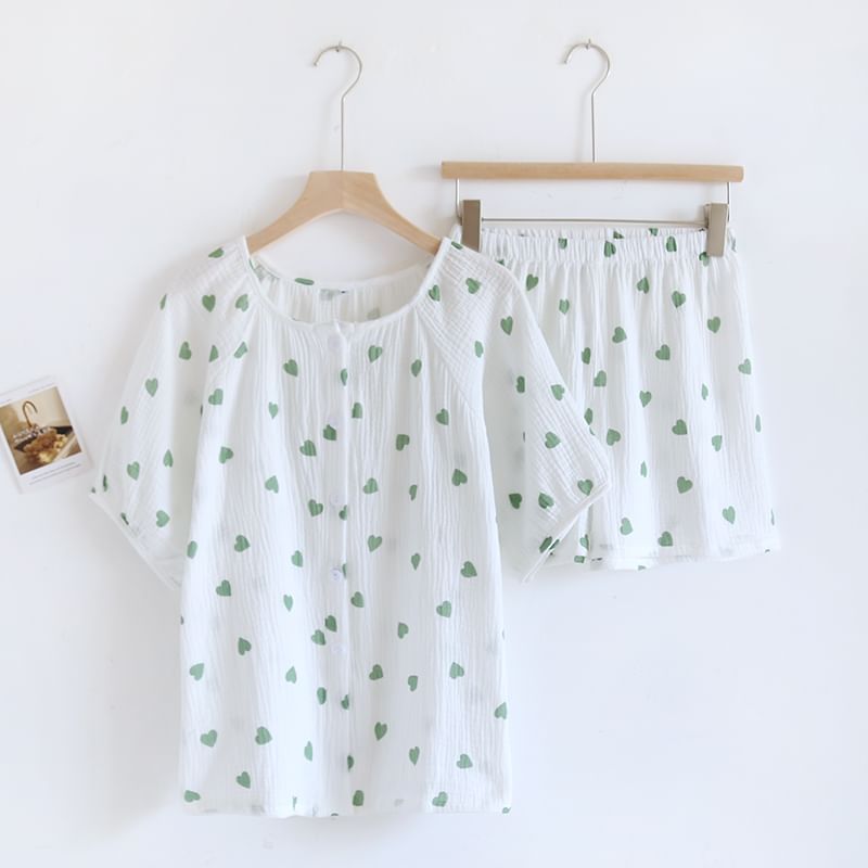 MelMount - Pyjamaset: Top met korte mouwen, ronde hals, hartjesprint en knoopjes + shorts met elastische taille