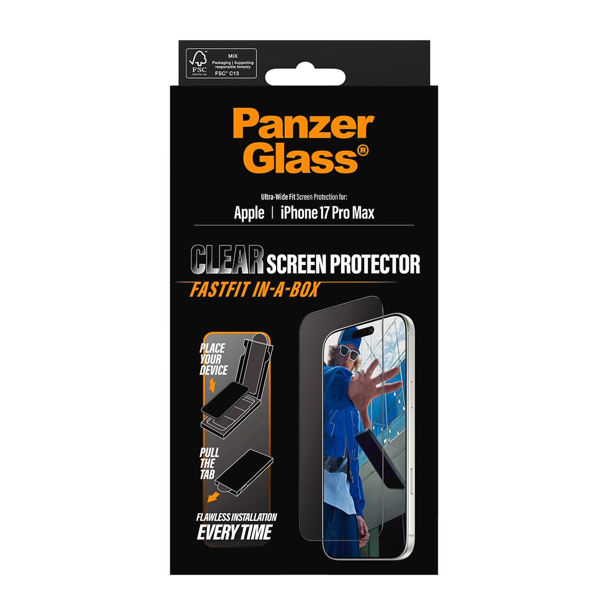 CARE by PanzerGlass Displayschutzglas »Ultra-Wide Fit Screen Protector FASTFIT IN-A-BOX« für Apple iPhone 17 Pro Max Displayschutzfolie, Schutzfolie, Bildschirmschutz, kratz- & stossfest