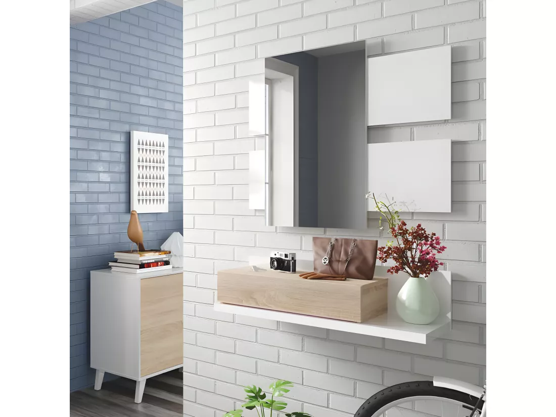 Meuble d'entrée suspendu + miroir Blanc/Chêne TEKANA - L 75 x l 29 x H 20 cm