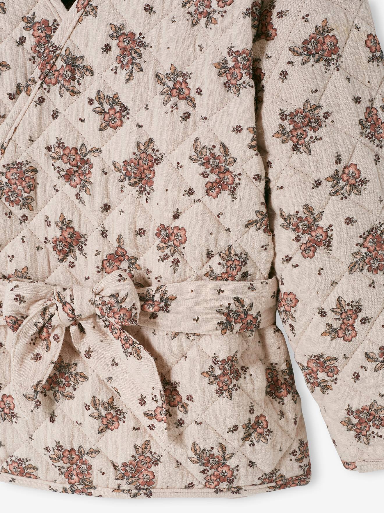 Jaqueta reversível com zíper para meninas, bege claro com estampa.