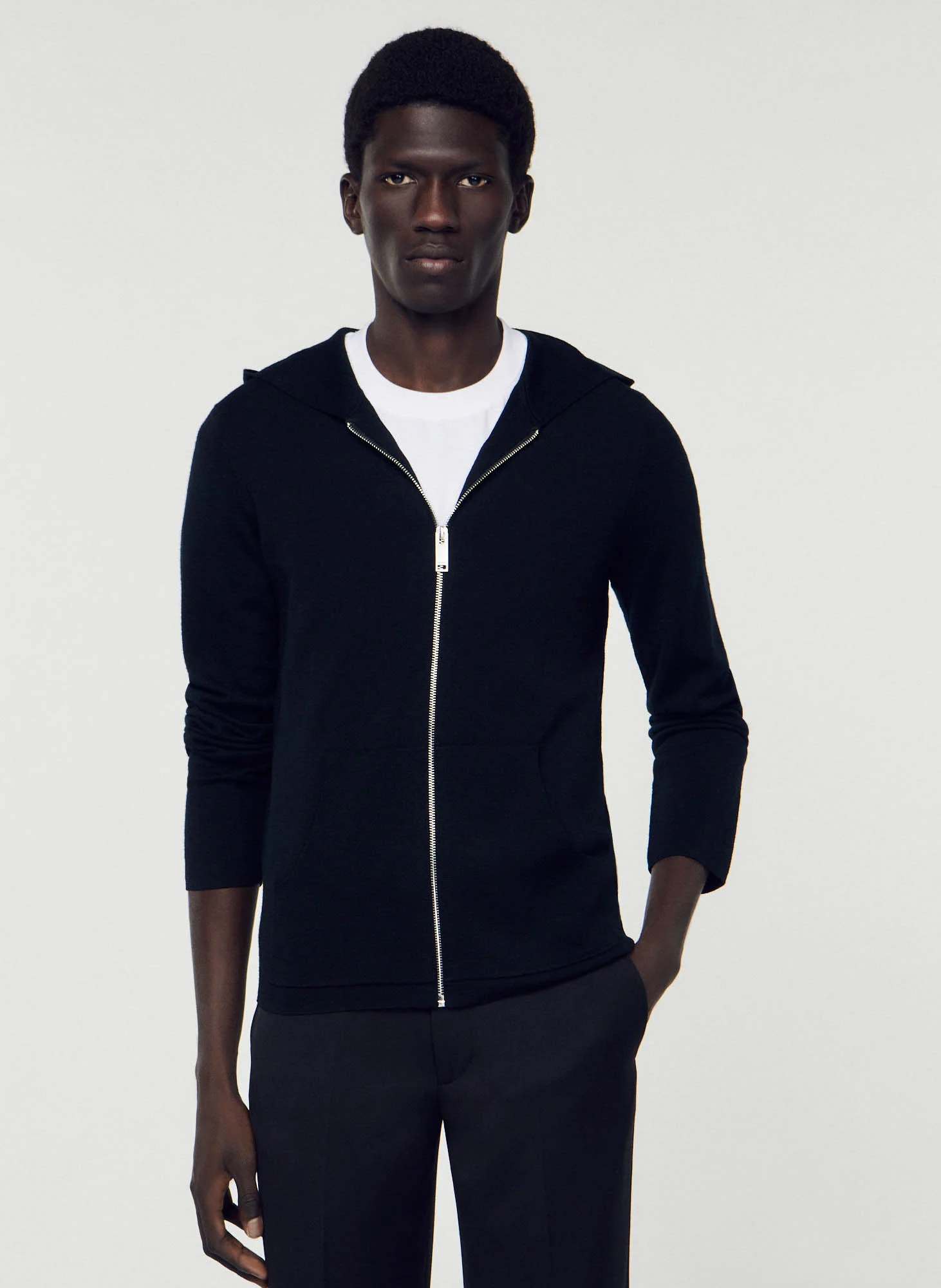 Gilet regular-fità capuche zippé en laine | Noir