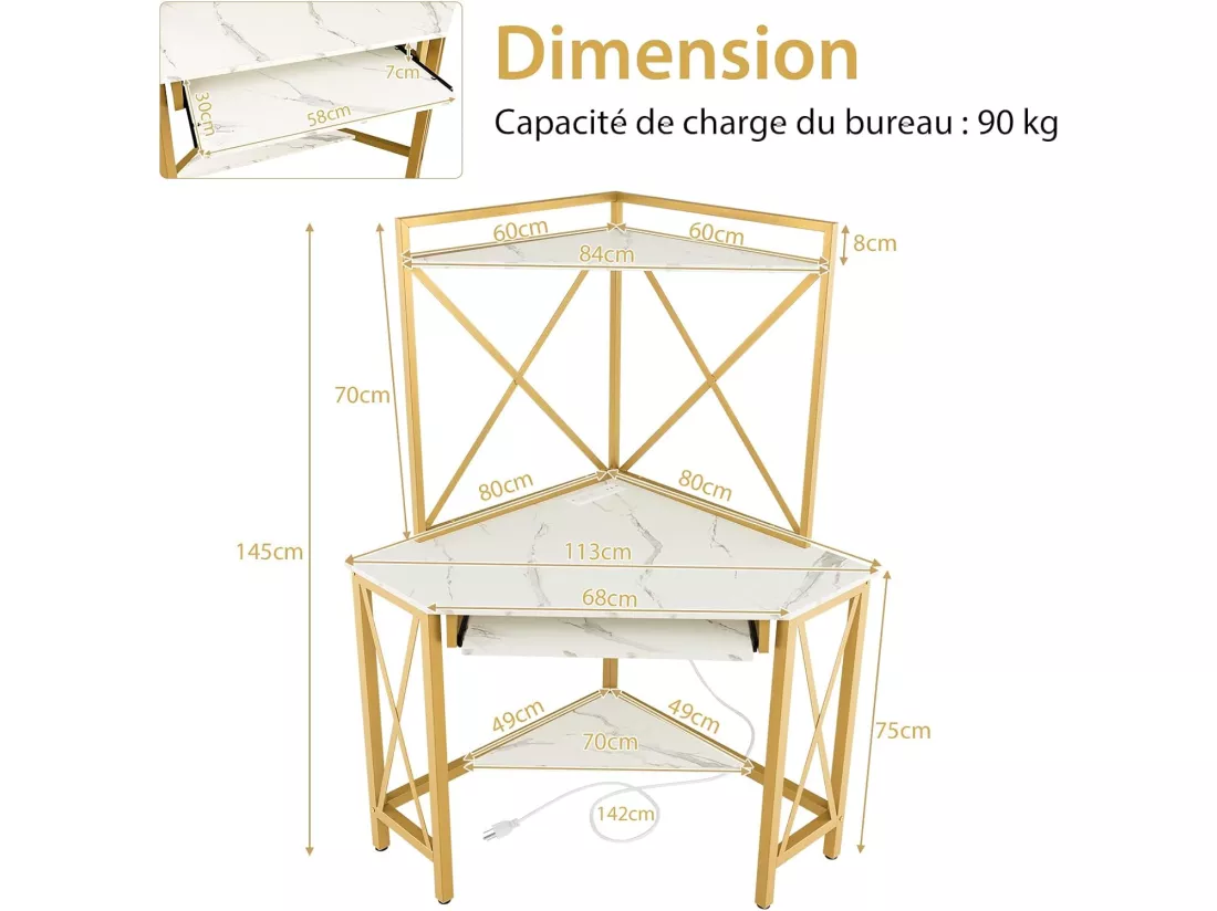 Bureau d'angle avec Étagère de Rangement, Bureau Informatique avec 2 Prises de Courant & 2 USB, Plateau pour Clavier, Cadre en Métal, Design Élégant(Blanc)