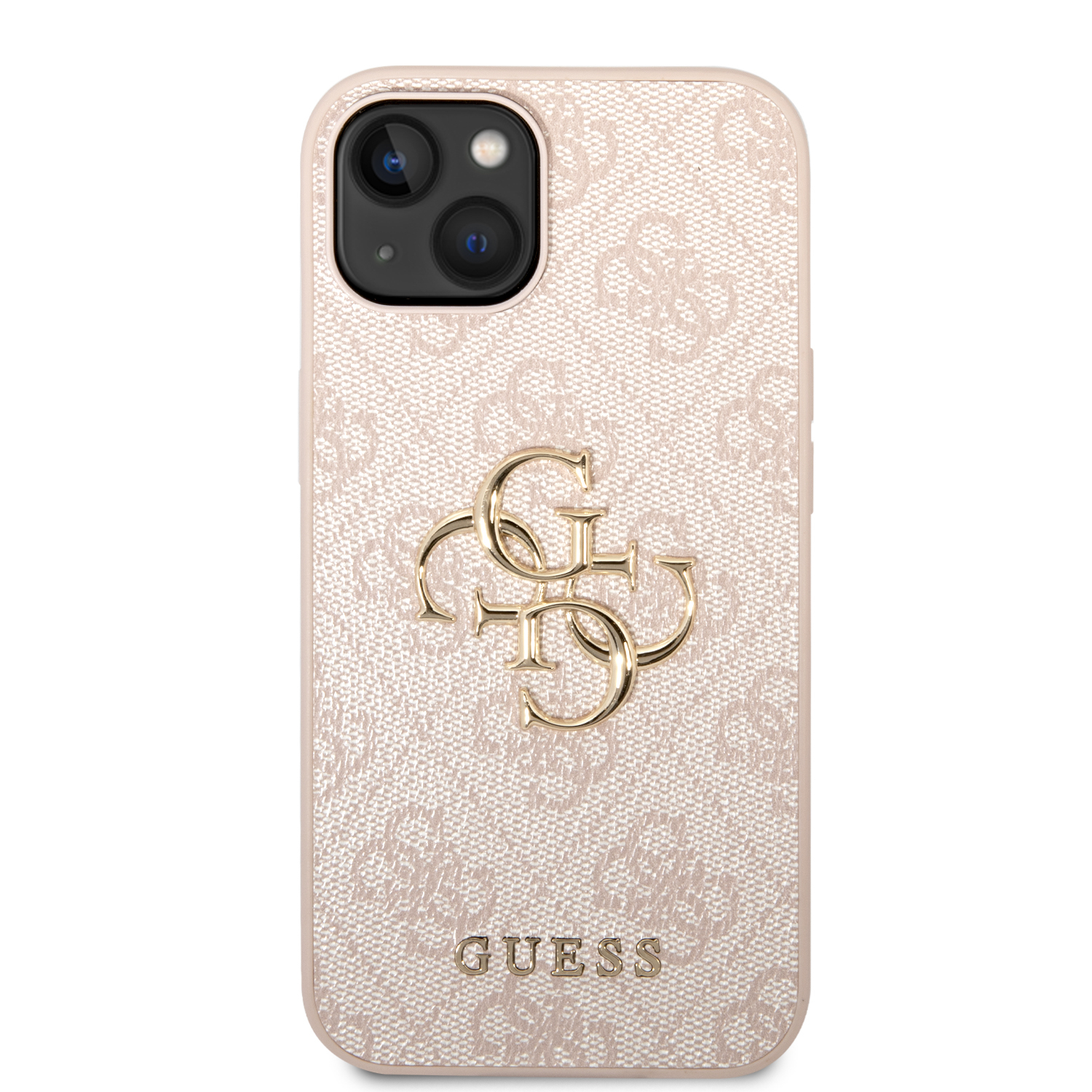 iPhone 14 Leder Hardcase Hülle Metall Logo (GUHCP14S4GMGPI) - Rosa / Gold