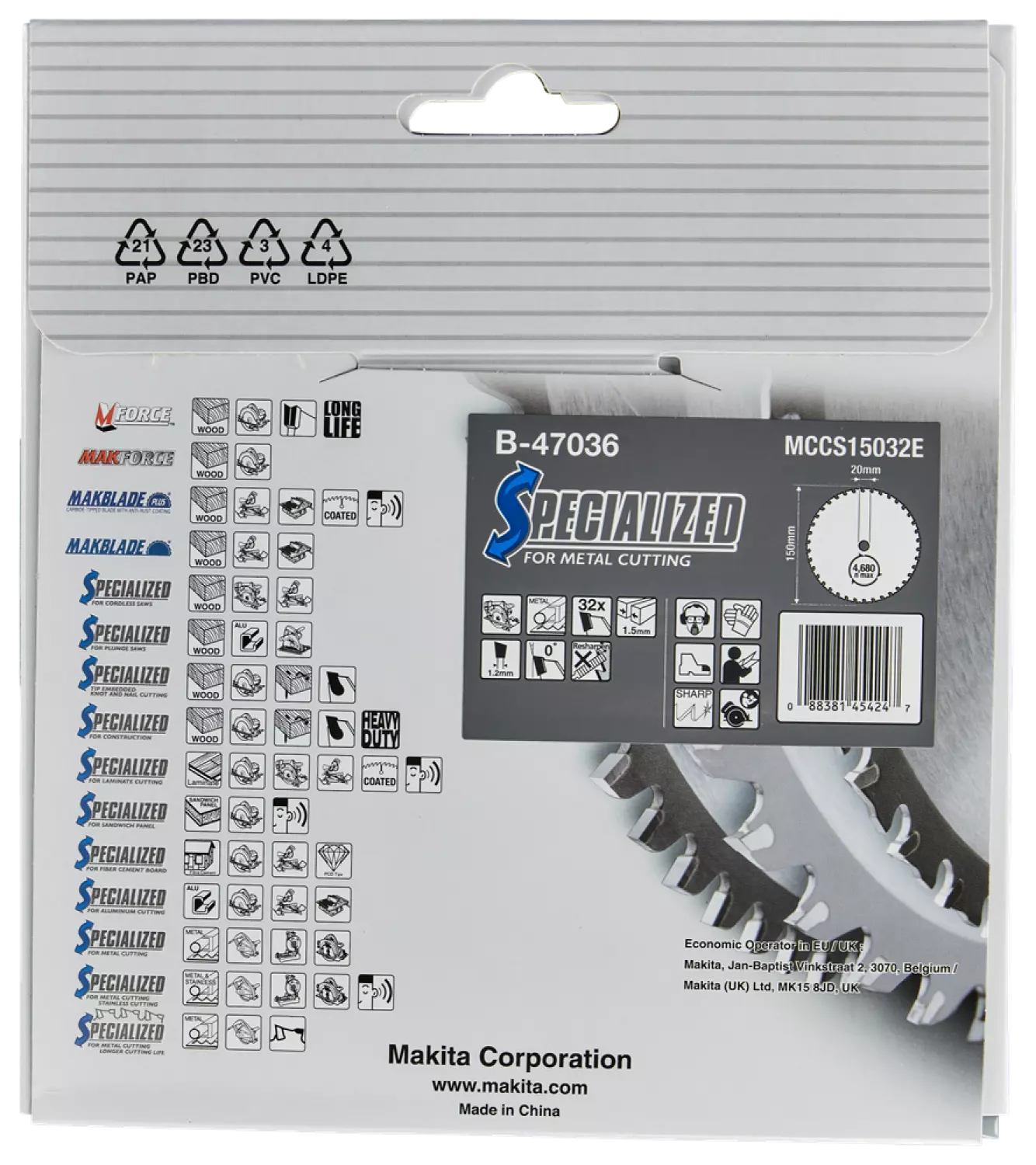 Makita B-47036 Cirkelzaagblad - 150 x20 x 32T - Metaal