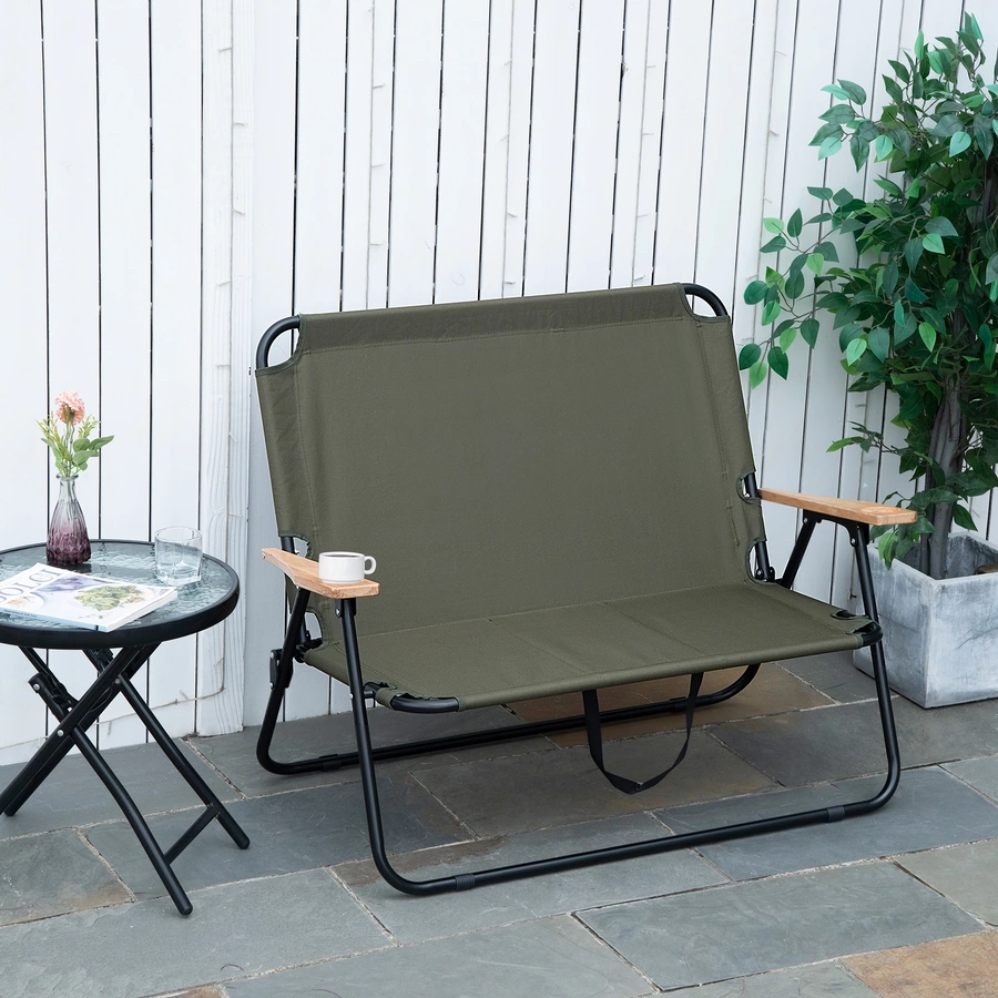 Outsunny Campingstuhl für zwei Personen und mit Becherhalter grün