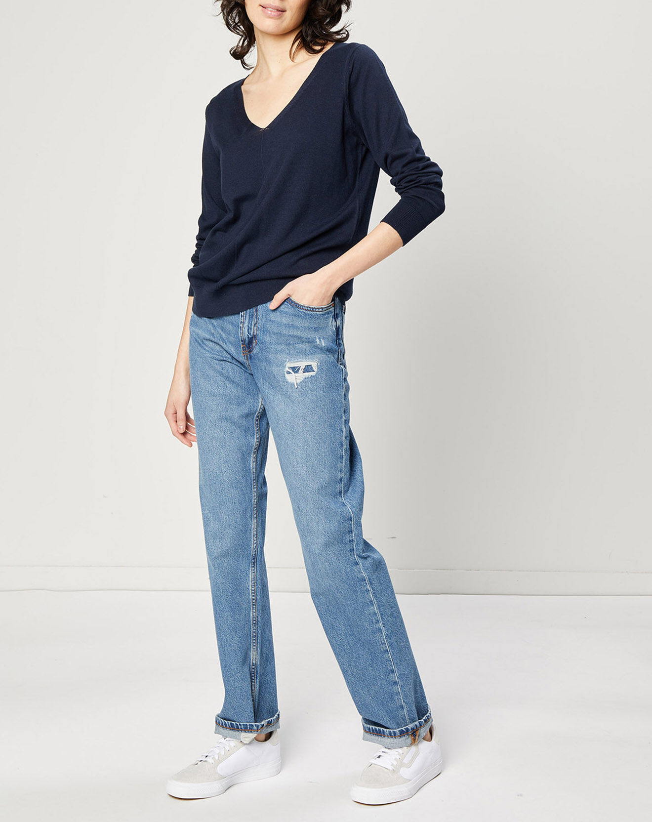 Esprit Jeans droit en Toile de coton taille haute bleu moyen