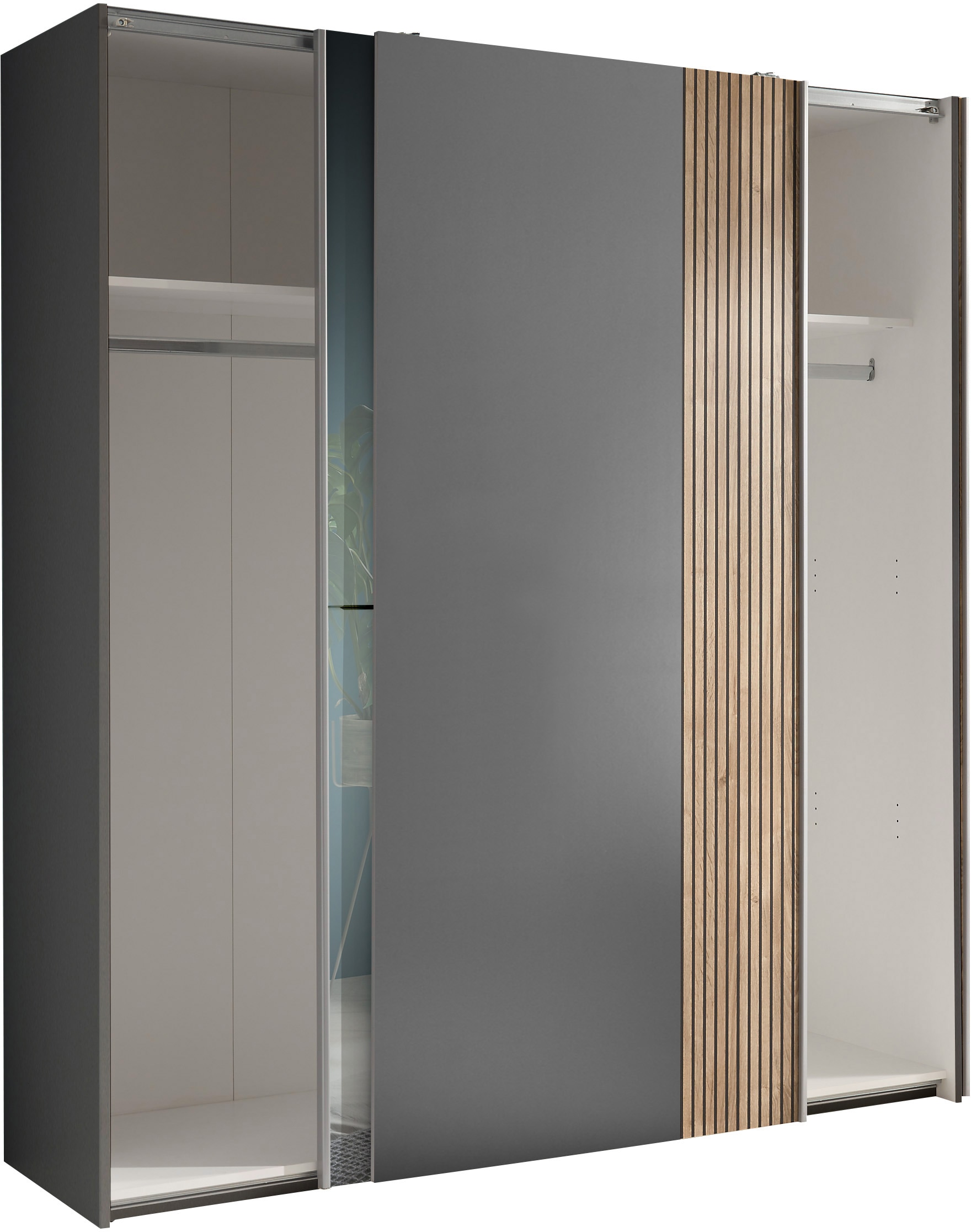 Schlafkontor Schwebetürenschrank »Berno Kleiderschrank mit Schiebetüren und Spiegelfront« Rillenoptik & Graphitabsetzung