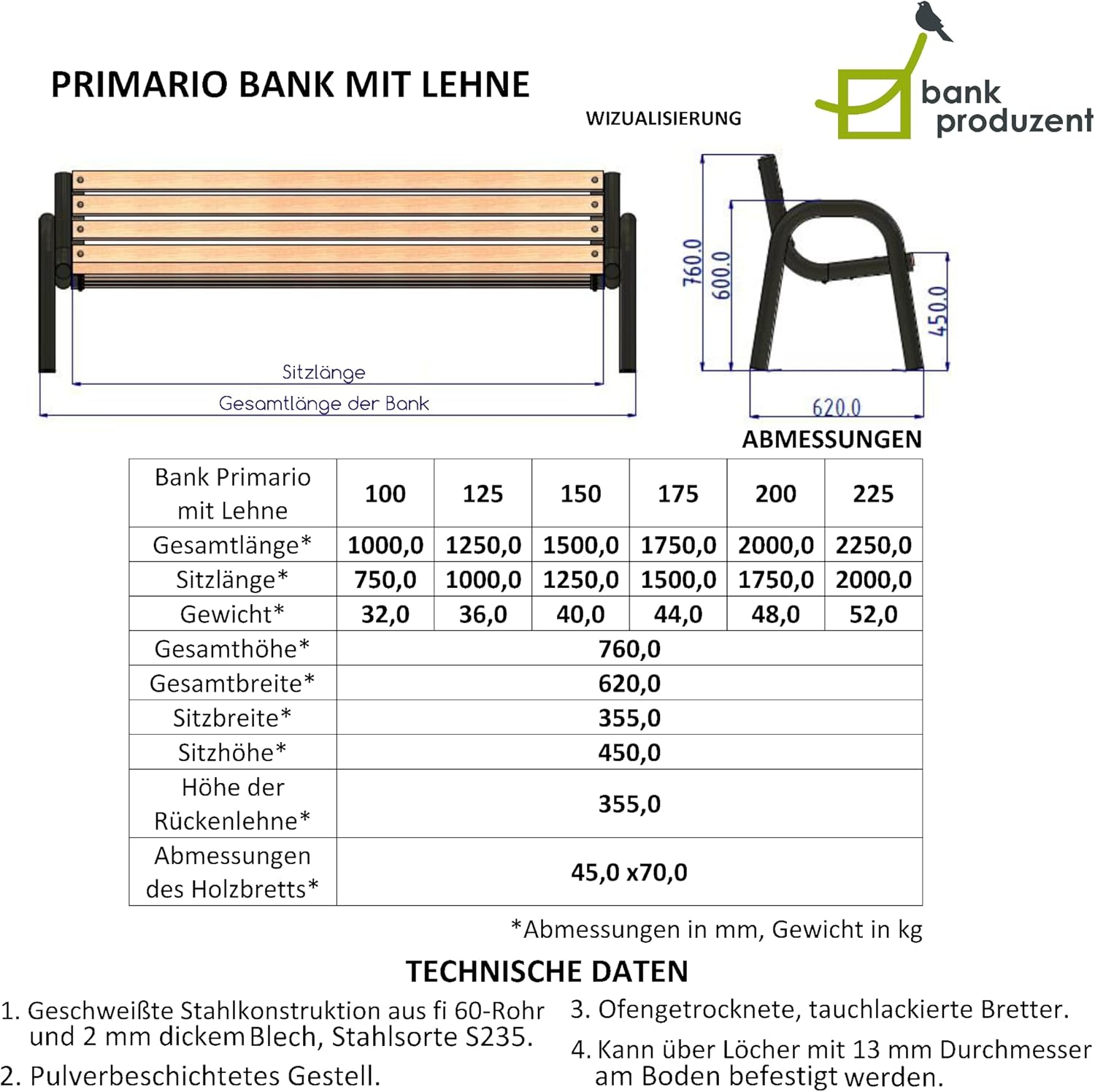 Gartenbank, Parkbank Holz - Gartenmöbel, Outdoor Bank mit 350kg Tragfähigkeit - Sitzbank Wetterfeste, Design Skandinavische (Primario Helle Eiche, 175 cm - Gesamtlänge der Bank, CE)
