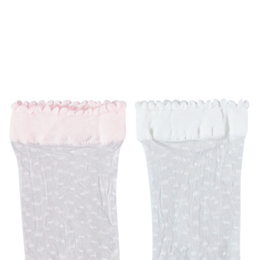 Lot de 2 paires de chaussettes fines en plumetis roses / blanches - Ecru