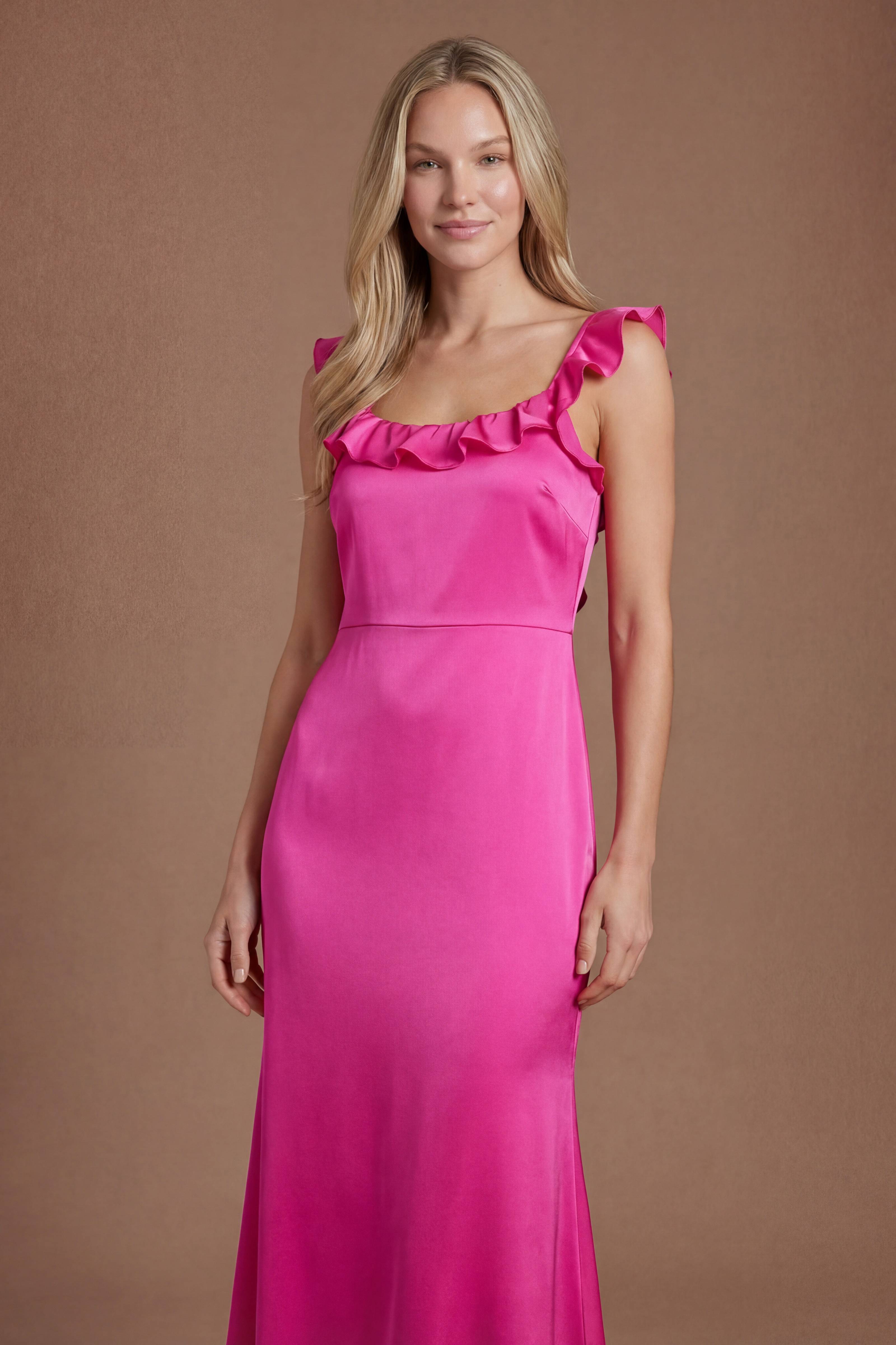 Oasis Robe Longue De Demoiselle D'honneur En Satin Rose Vif À Encolure Carrée Et Volants