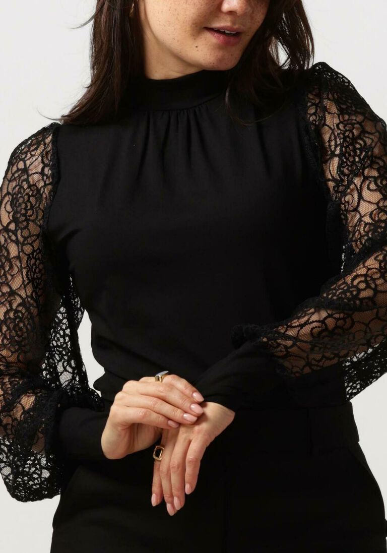JANSEN AMSTERDAM zwarte jansen amsterdam blouse v107 top with lace sleeves and turtle neck