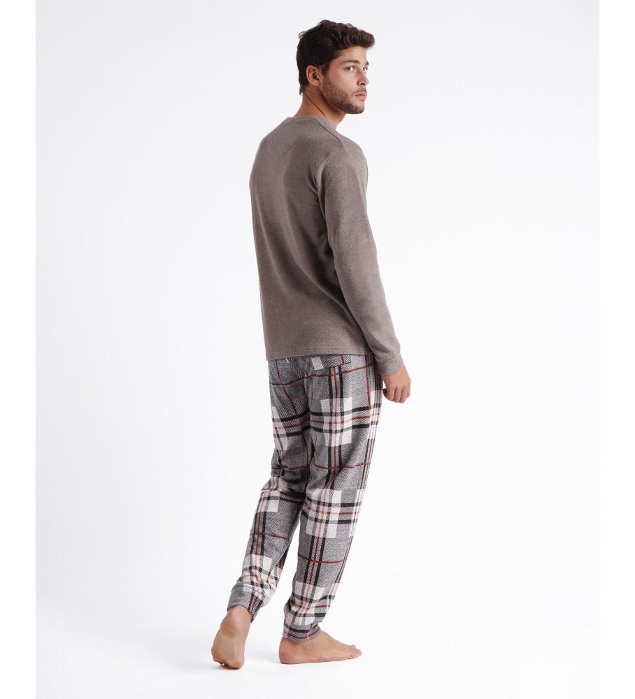 Pijama de manga comprida com gola xadrez marrom Admas