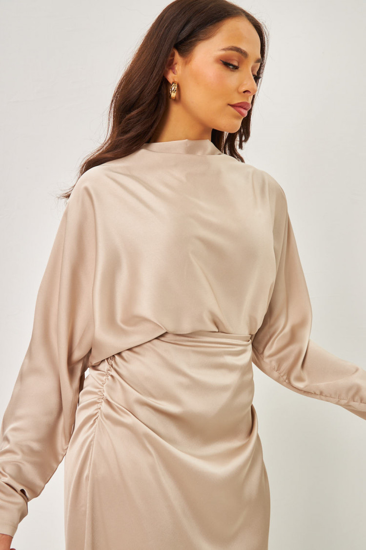 Ensemble 2 pièces blouse + jupe satiné beige