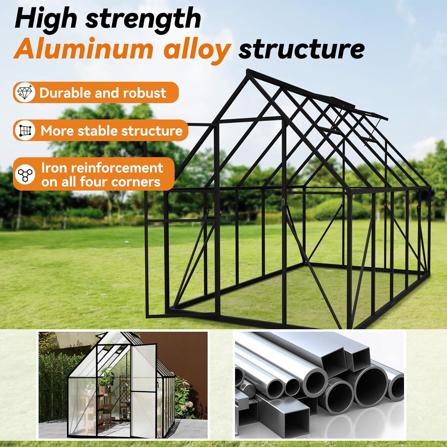Gewächshaus Aluminium Gartengewächshäuser mit 6 cm Fundament und 4 mm PC Platte Treibhaus Tomatenhaus Gartenhaus UV beständig Wetterfest für den Garten, 280x180x195 cm
