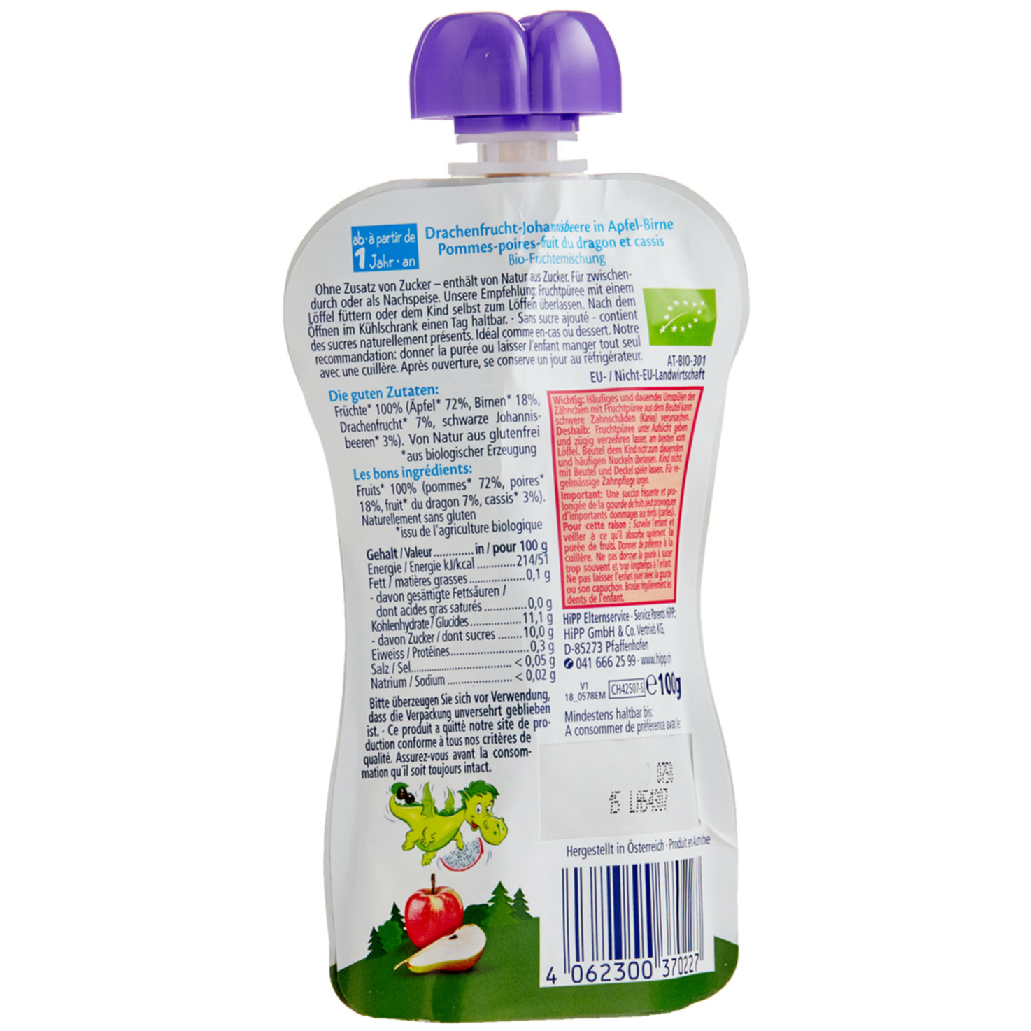 Hipp Bio Hippis Drachenfrucht & Johannisbeere & Apfel-Birne 12+ Monate
