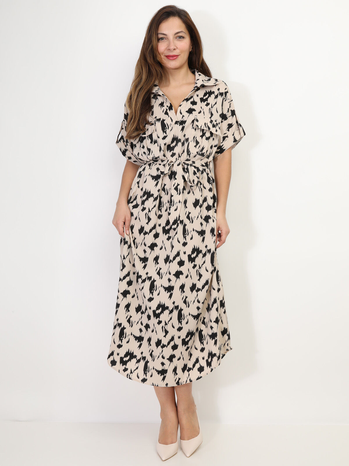 Robe saharienne mi-longue à motif abstrait- Beige
