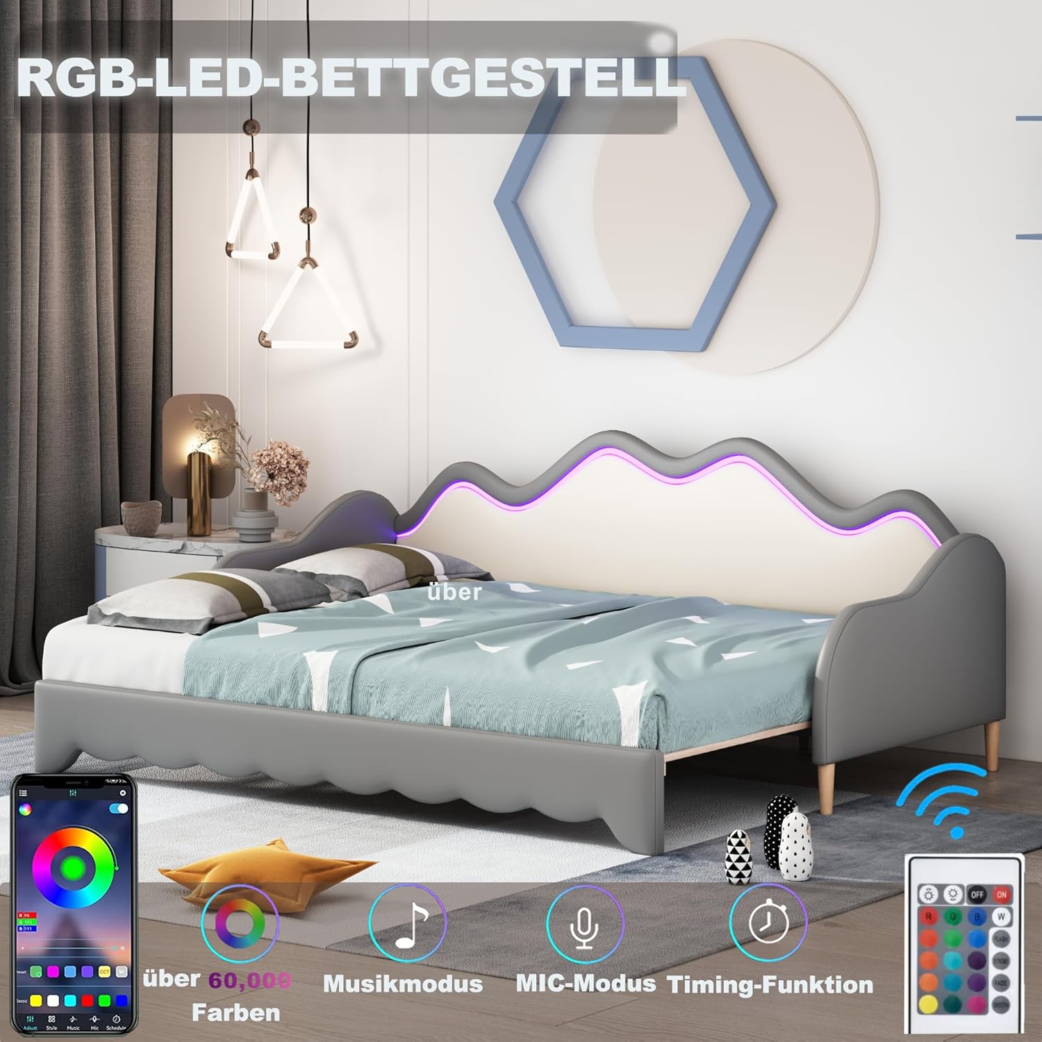 okwish Schiebebett Kinderbett Polsterbett Schlafsofas 90/180x190 cm Einzelbett/Doppelbett, Ausziehbett Jugendbett mit LED, Daybett Gästebett mit Lattenrost & Armlehnen, Kunstleder Grau(Ohne Matratze)