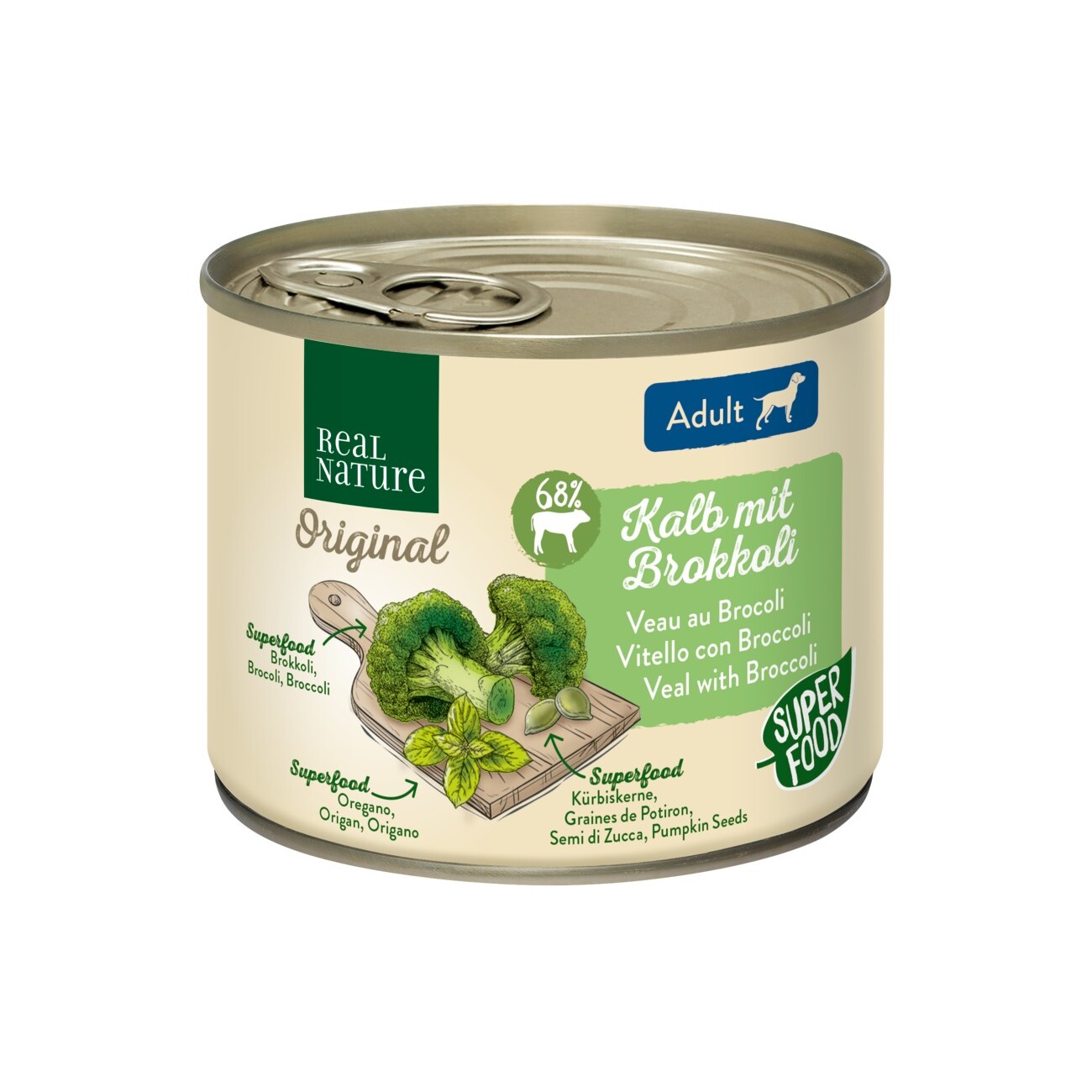 REAL NATURE Superfood Nassfutter Hund, Adult, Kalb mit Brokkoli 6x200 g