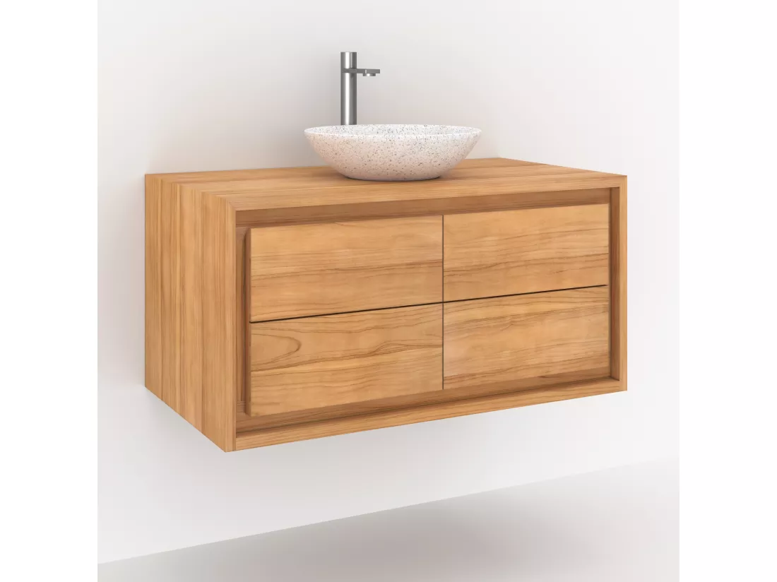 Meuble de salle de bain suspendu en bois de teck 90 cm - Hera