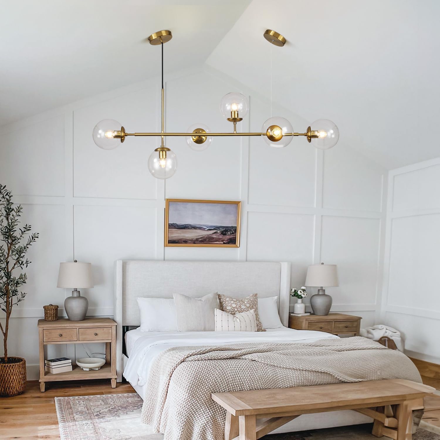 KCO Lighting 6 Light Bubble Kronleuchter Beleuchtung Klarglas Globe Kronleuchter Messing Gold Linear Pendelleuchte Mitte Jahrhundert Moderne Pendelleuchte für Wohnzimmer Küche Insel Esszimmer
