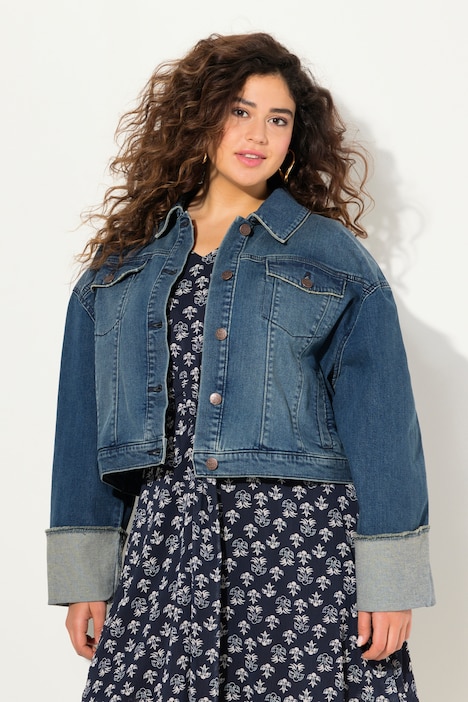 Jeansjacke, Fransen, Hemdkragen, breiter Ärmelumschlag