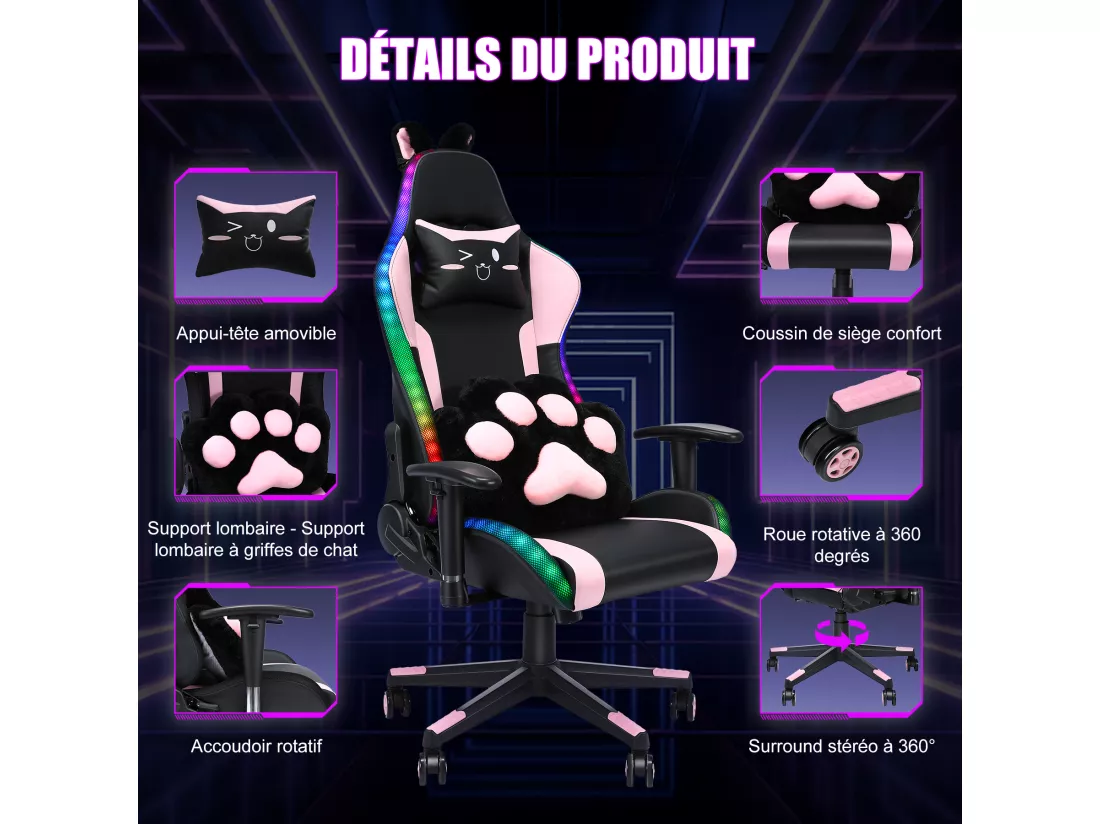 Chaise de jeu avec haut-parleurs, vidéo et lumière RGB, chaise ergonomique de course, fauteuil inclinable en cuir PU, chaise d'ordinateur pivotante pour e-sport avec appui-tête, accoudoirs, support lombaire (repose-pieds, LED, haut-parleurs, rose)