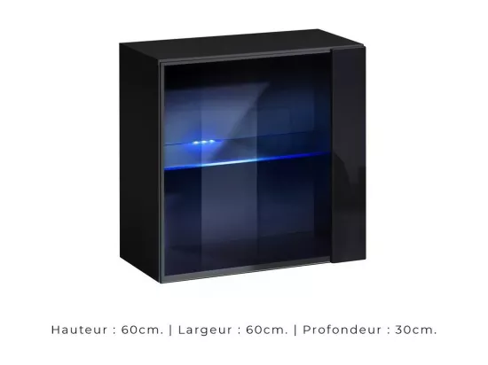 Vitrine noire carrée suspendue avec 1 porte vitrée et éclairage LED inclus. Collection SWITCH.
