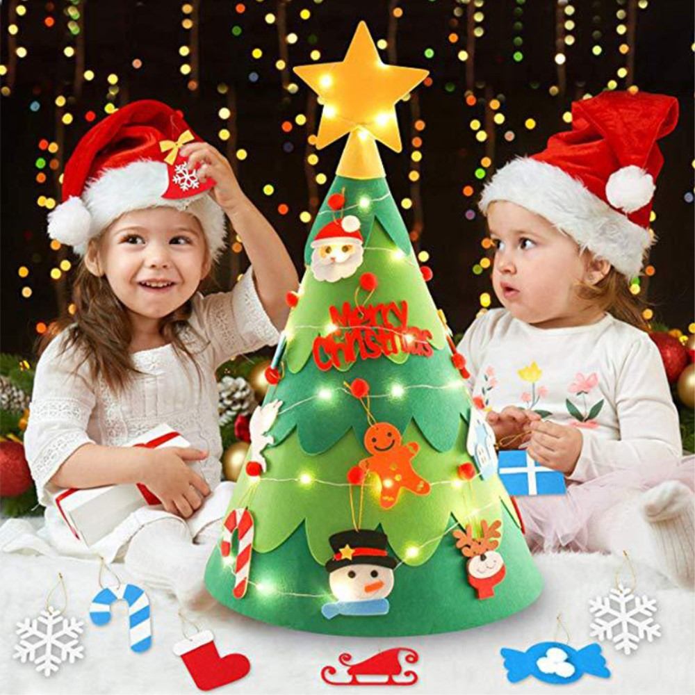 (30-tlg. Set) 75x48cm Kinder Spielzeug Christmas Tannenbaum Deko Filz Weihnachtsbaum   Deko Figuren   LED Lichterkette