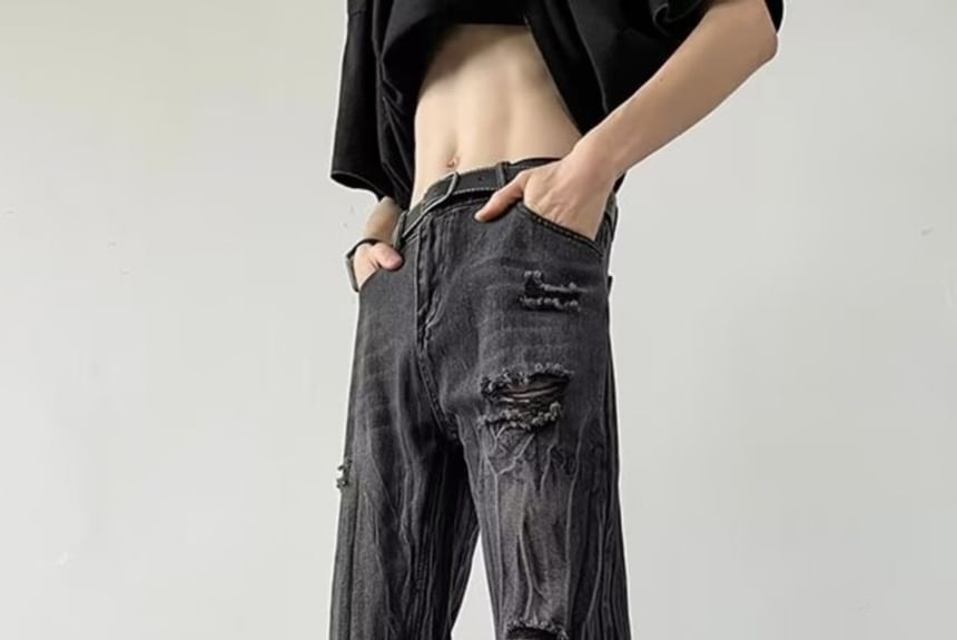 Ateso - Mid Rise Distressed Washed Straight Leg Jeans