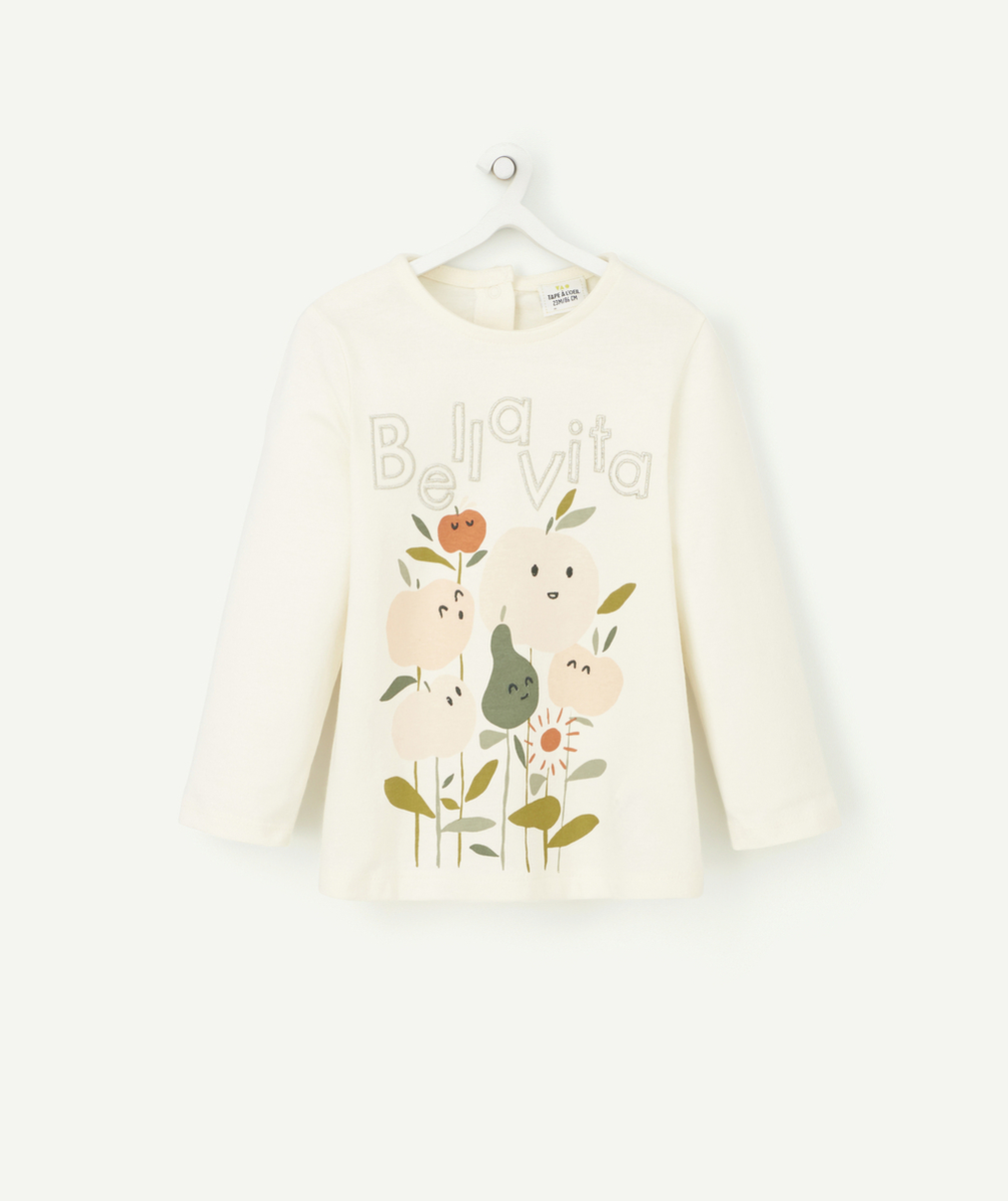 T-SHIRT BLANC BÉBÉ FILLE EN COTON BIOLOGIQUE AVEC FRUITS ET MESSAGE