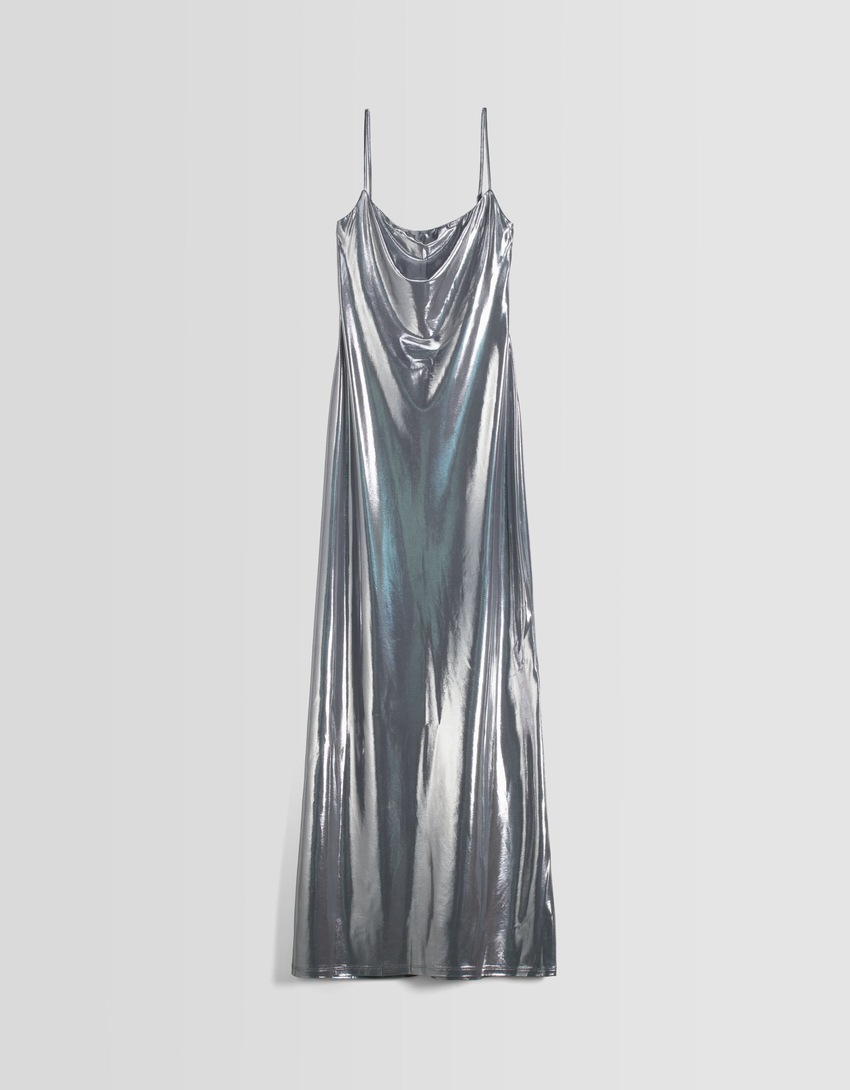 Vestido longo metálico com alças finas