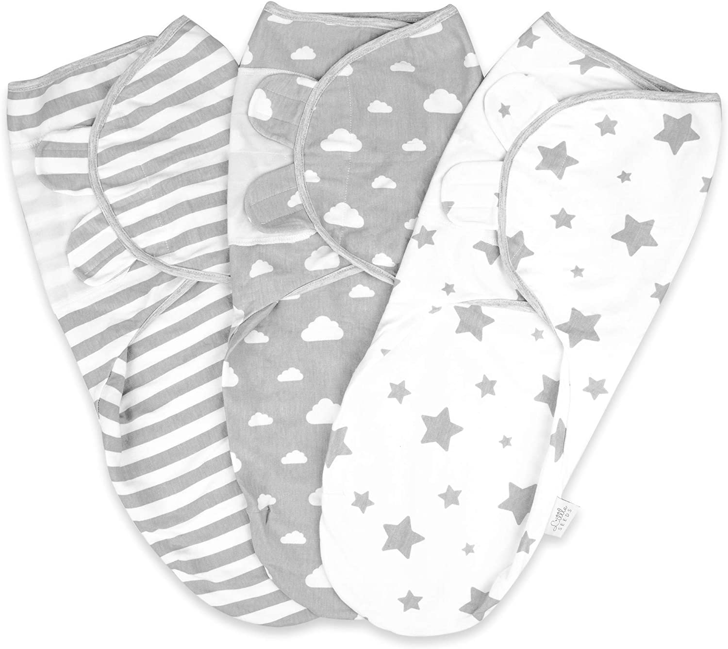(3er Set) 50x27cm Baumwoll Baby Puck Tuch Einschlag Decke für Neugeborene (0-3 Monate) - Sterne / Wolken / Streifen
