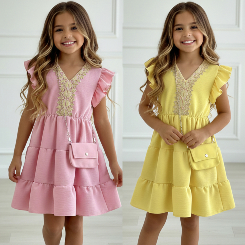 Golden Lace Tiered Dress - roze of geel