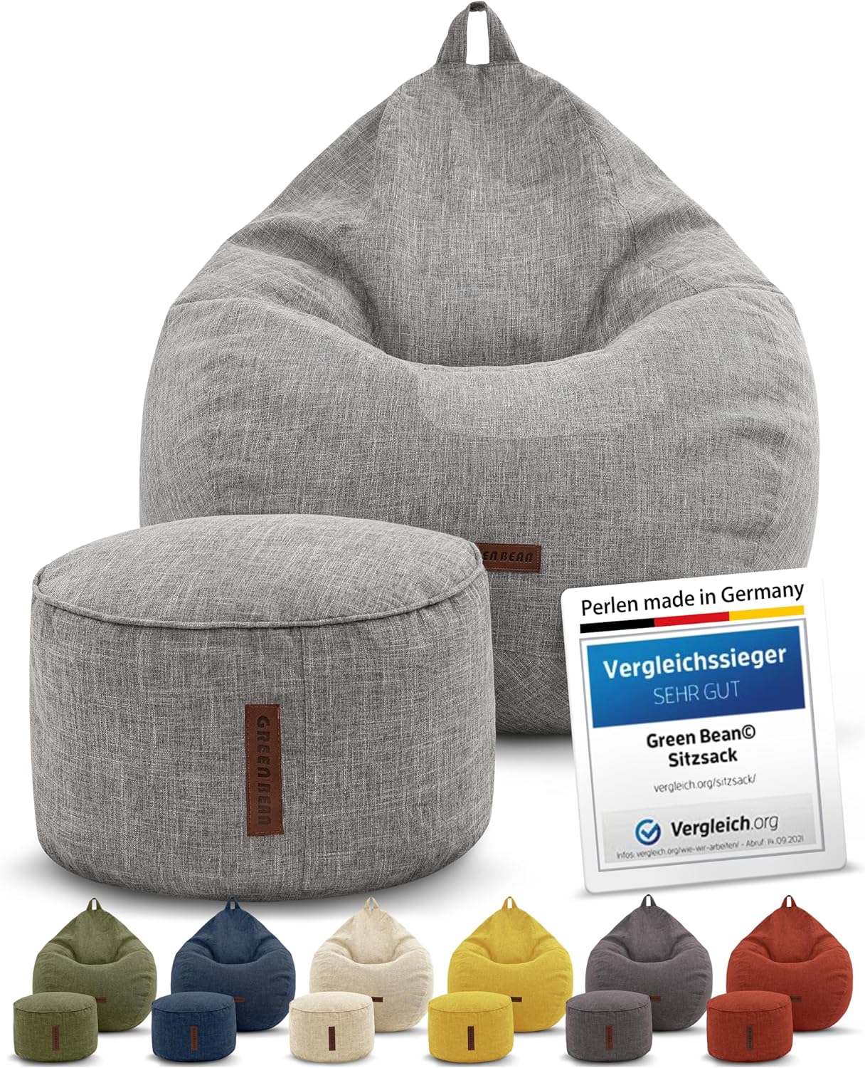 Green Bean Indoor XXL Sitzsack Home Linen + Hocker mit EPS-Perlen Füllung - Sitz-Pouf Bodenkissen Liegekissen Sitzkissen Lounge Chair Sitzhocker Relax-Sessel Bean Bag Silber Grau