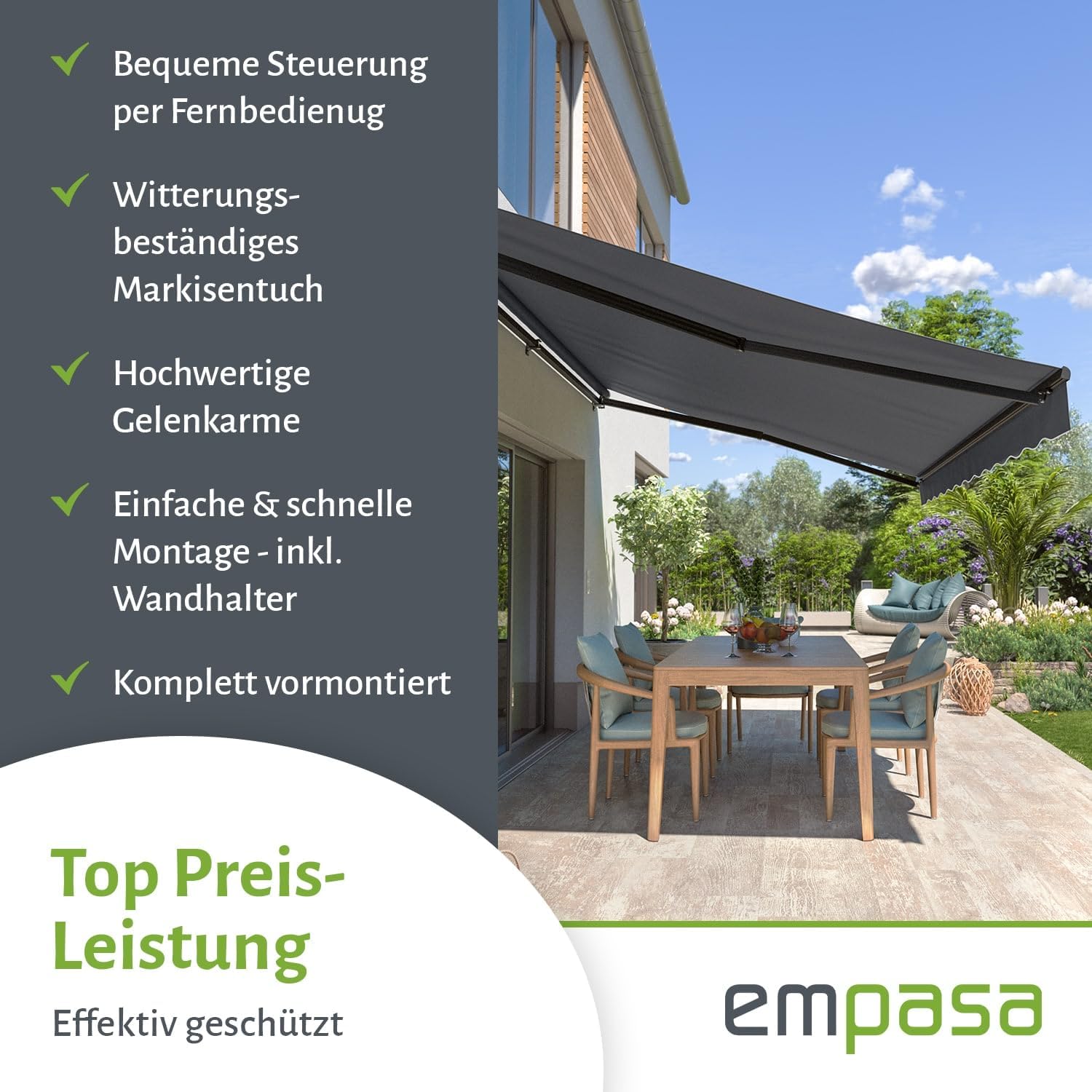 empasa Elektrische Gelenkarmmarkise 'Start Plus' Markise Sonnenmarkise Sonnenschutz, komplett vormontiert, Verschiedene Größen und Farben