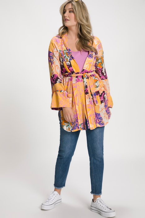Kimono, Patchdruck, A-Linie, Schalkragen, Langarm