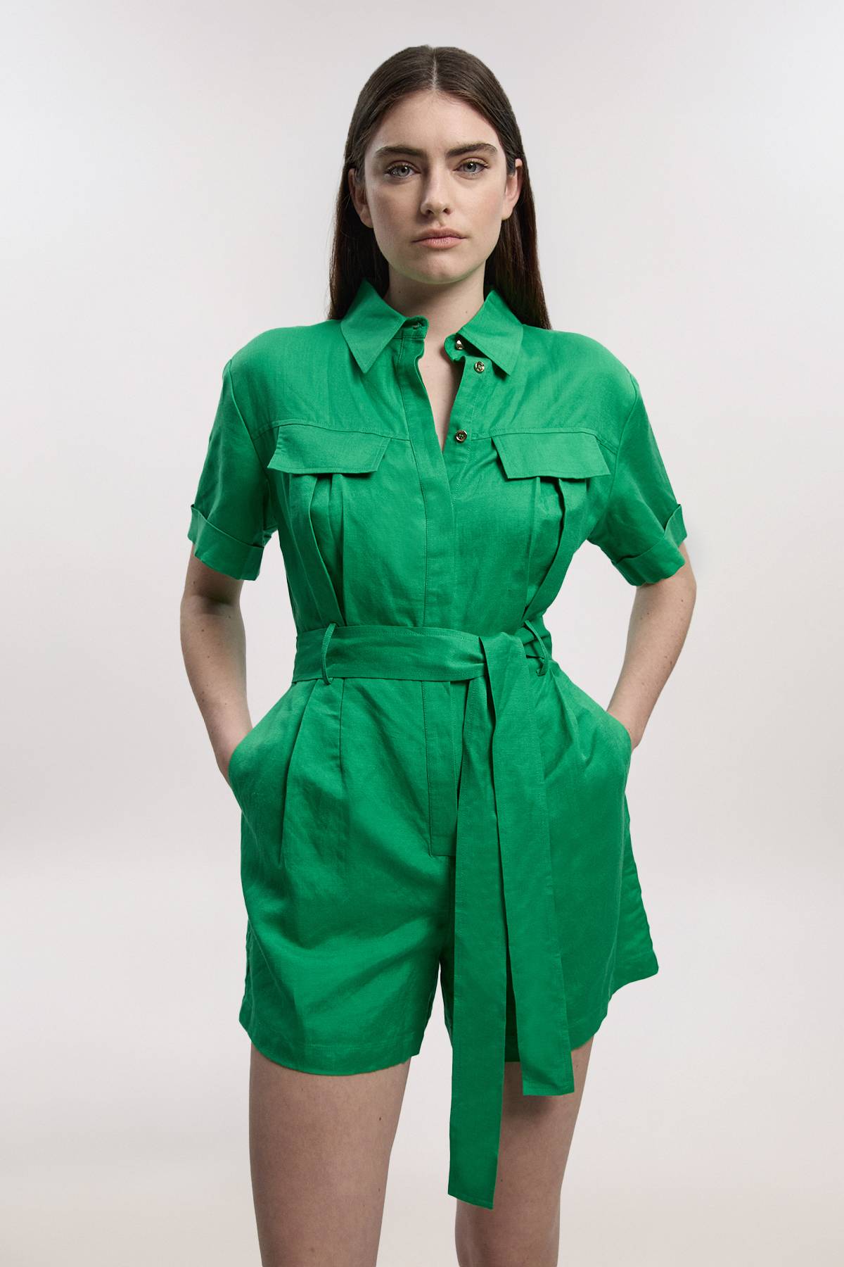 KarenMillen Combi-short Ceinturée en Lin Viscose Tissé