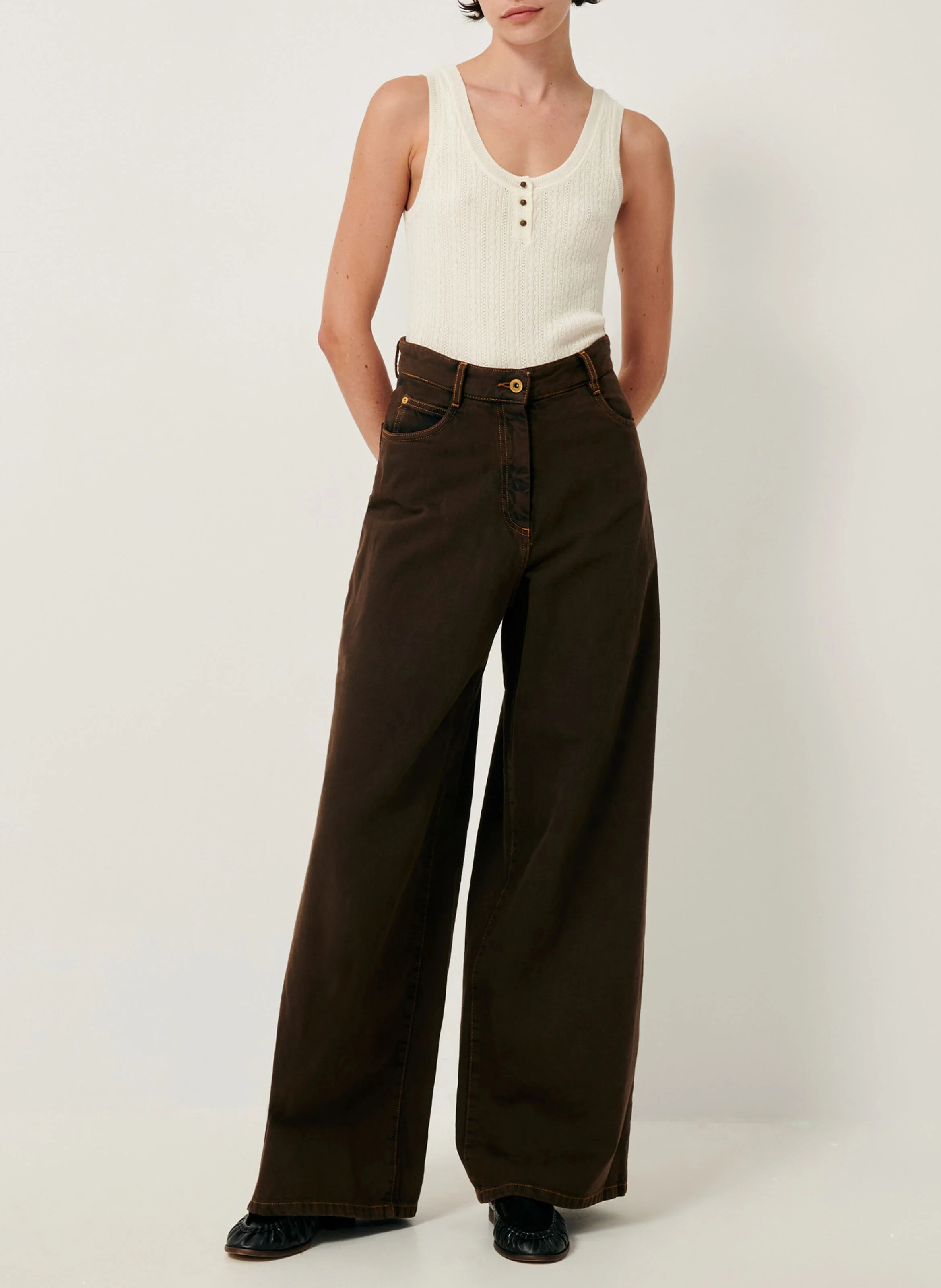 DALT - Jean large taille haute en coton | Marron