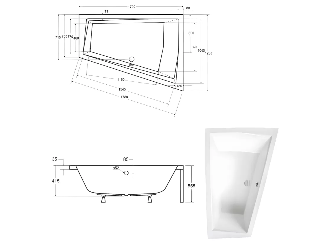 Baignoire asymétrique + tablier blanc + repose tête - INTIMA DUO - 170 x 125 cm - Droite