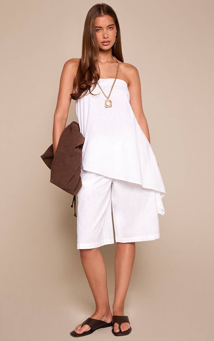 Blanc Short Long Tailleur En Lin À Plis