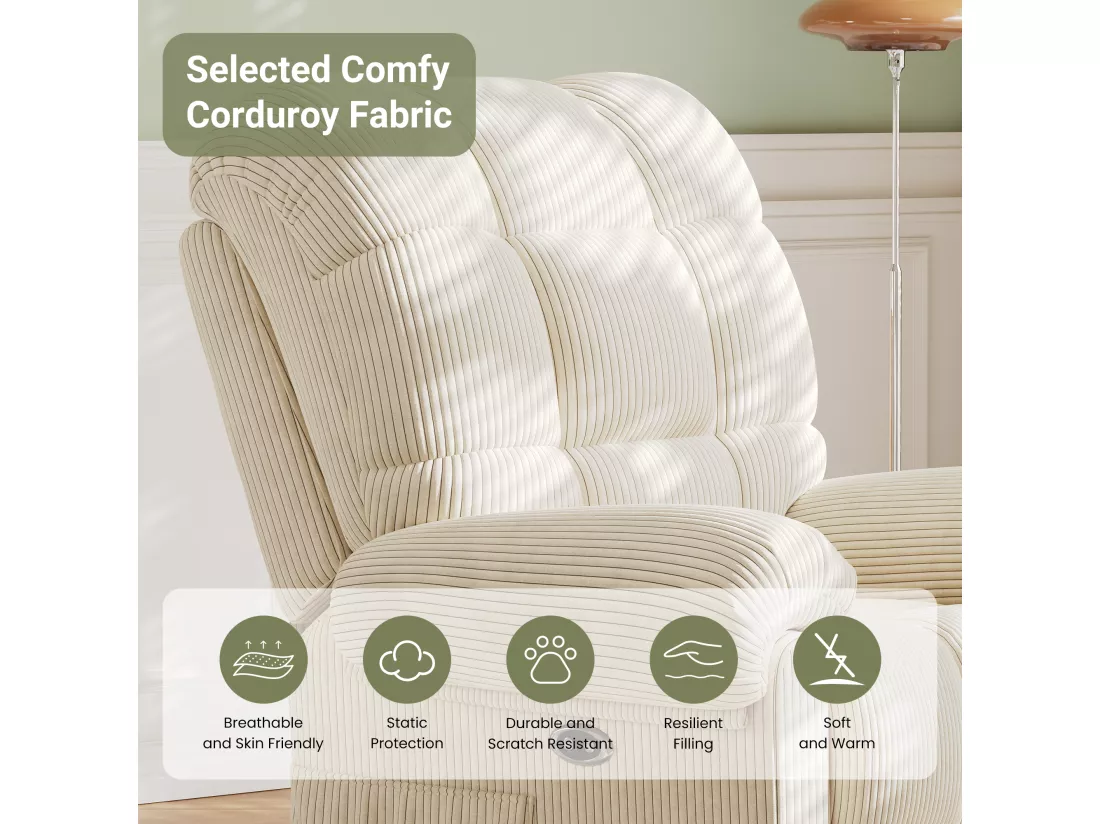 Fauteuil Relax Fauteuil électrique en Velours Côtelé,Fauteuil à loisirs Réglable avec USB,Dossier Réglable,Anti-statique avec Repose Pieds - 96x97x104cm Beige