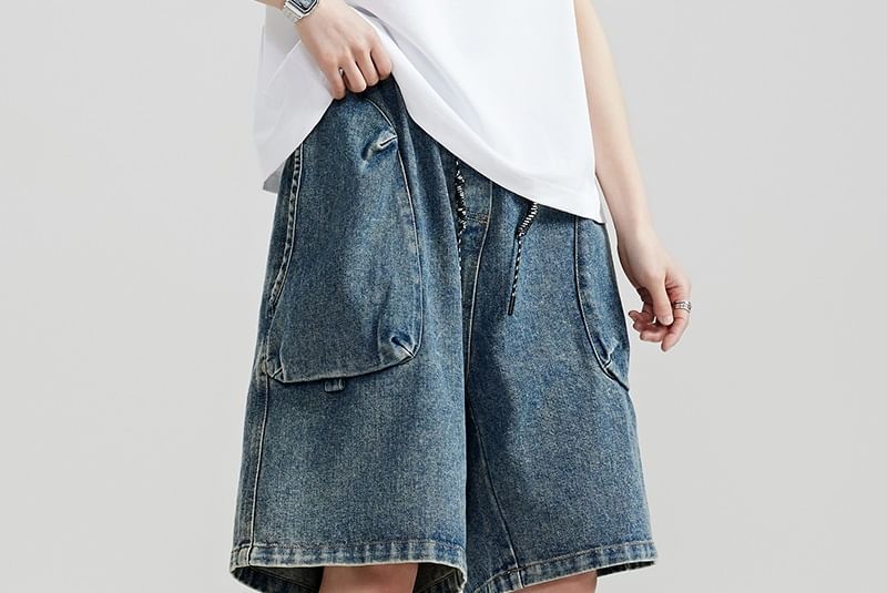 Adotuastic - Gewassen wijde denim shorts met trekkoord in de taille
