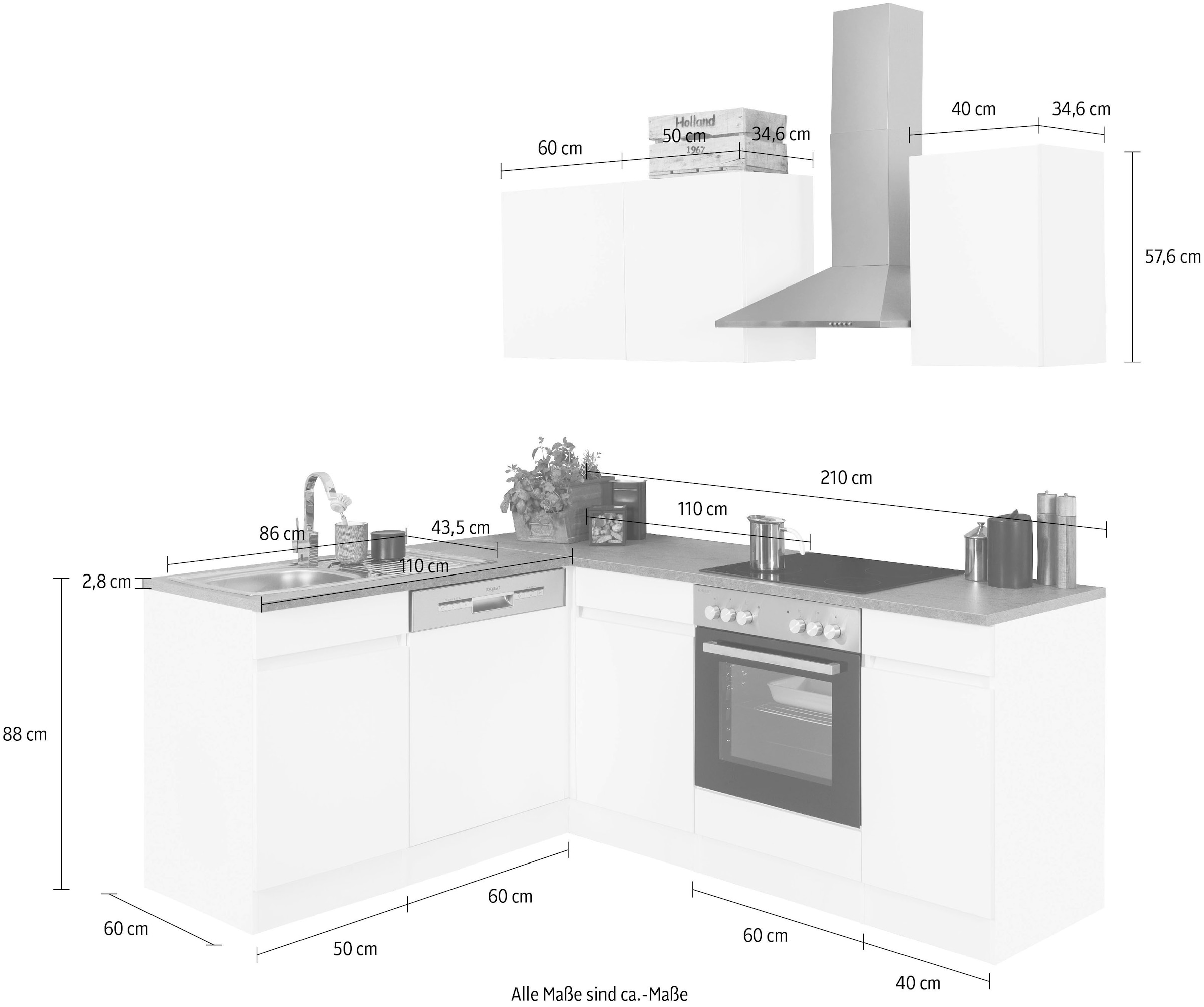 OPTIFIT Winkelküche »Roth« Stellmasse 210x175 cm,wahlweise mit E-Geräten, Push-to-Open-Funktion